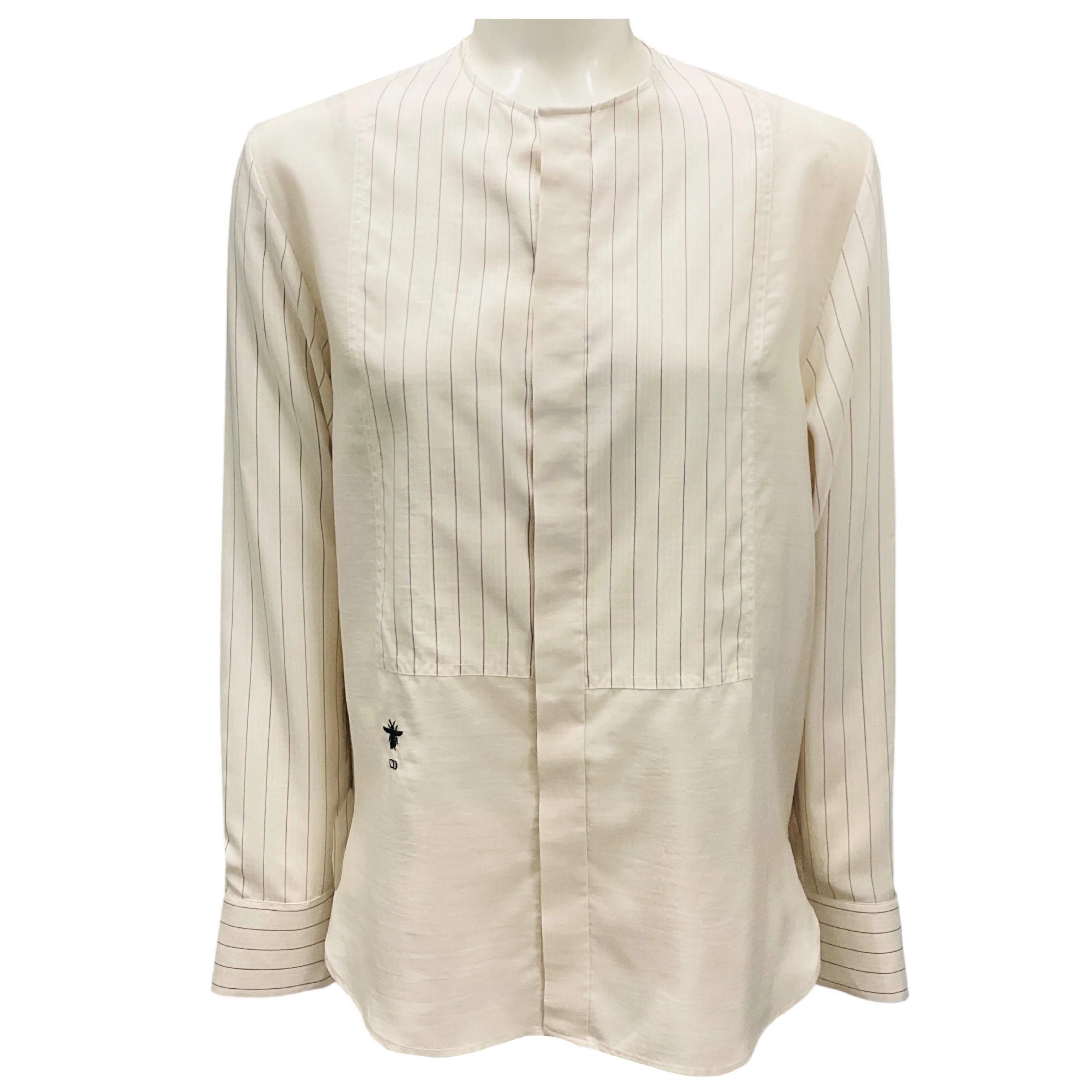 Christian Dior Ivory Pinstriped Bee Embroidered Silk Blouse