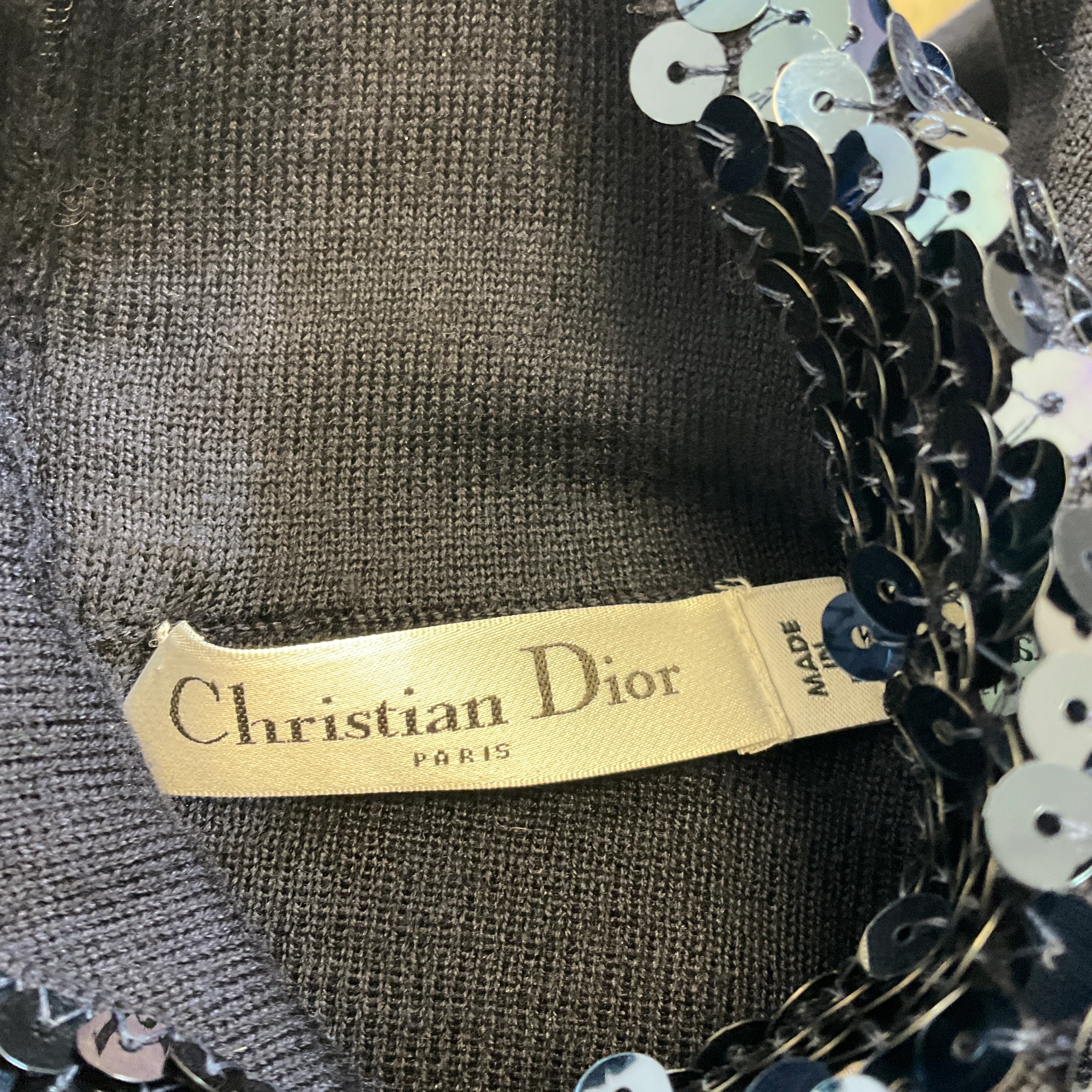 Christian Dior Navy Blue Sequin Paillette Embellished Collar Wool and Silk Knit Jumper - Image 4