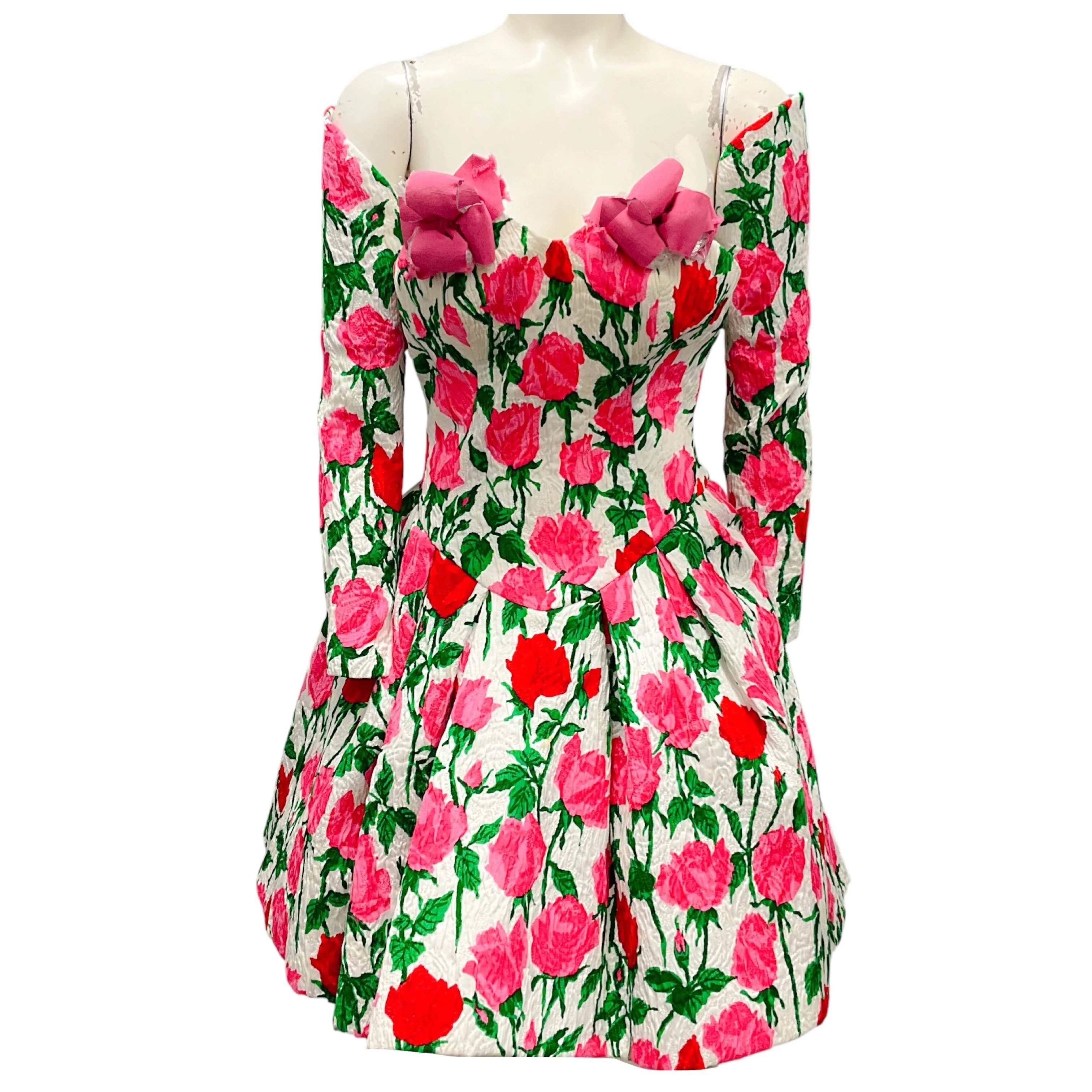 Christian Lacroix Vintage White / Pink Multi Floral Mini Dress with Sleeves