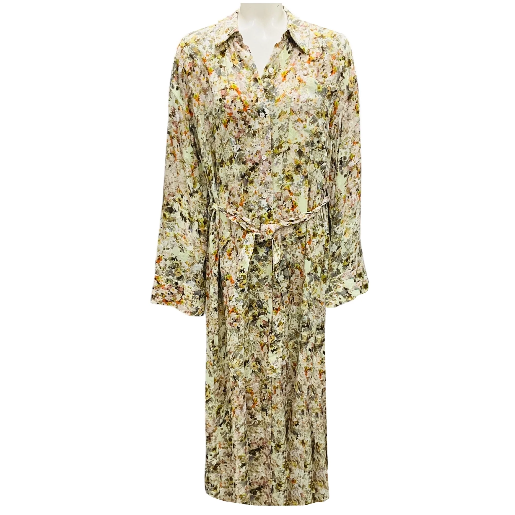 Co Light Green Multi Printed Midi Shirtdress with Belt