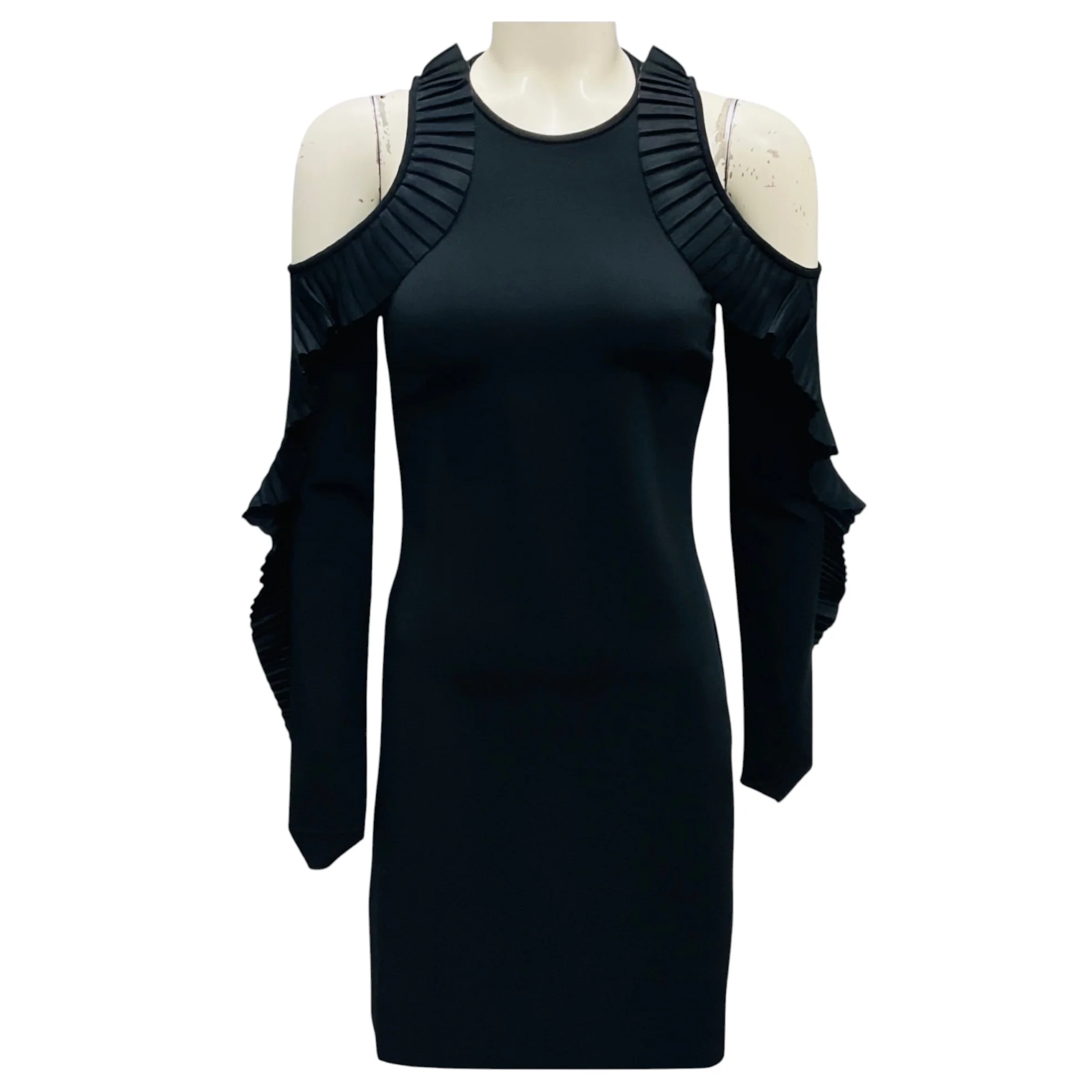 David Koma Black Ruffled Cold Shoulder Nylon Stretch Mini Cocktail Dress