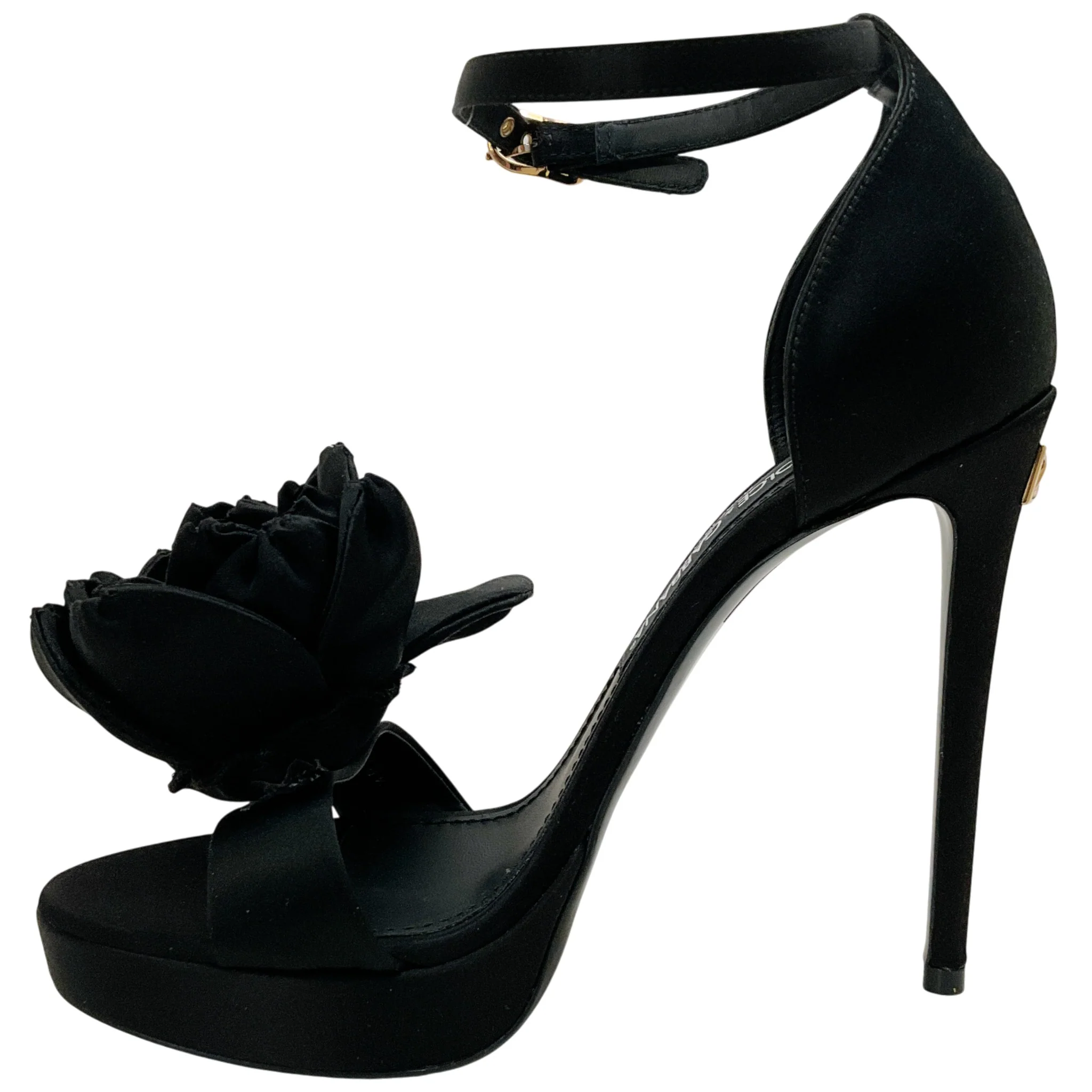 Dolce & Gabbana Black Satin Keira Platform Sandals with Rose Applique - Image 3