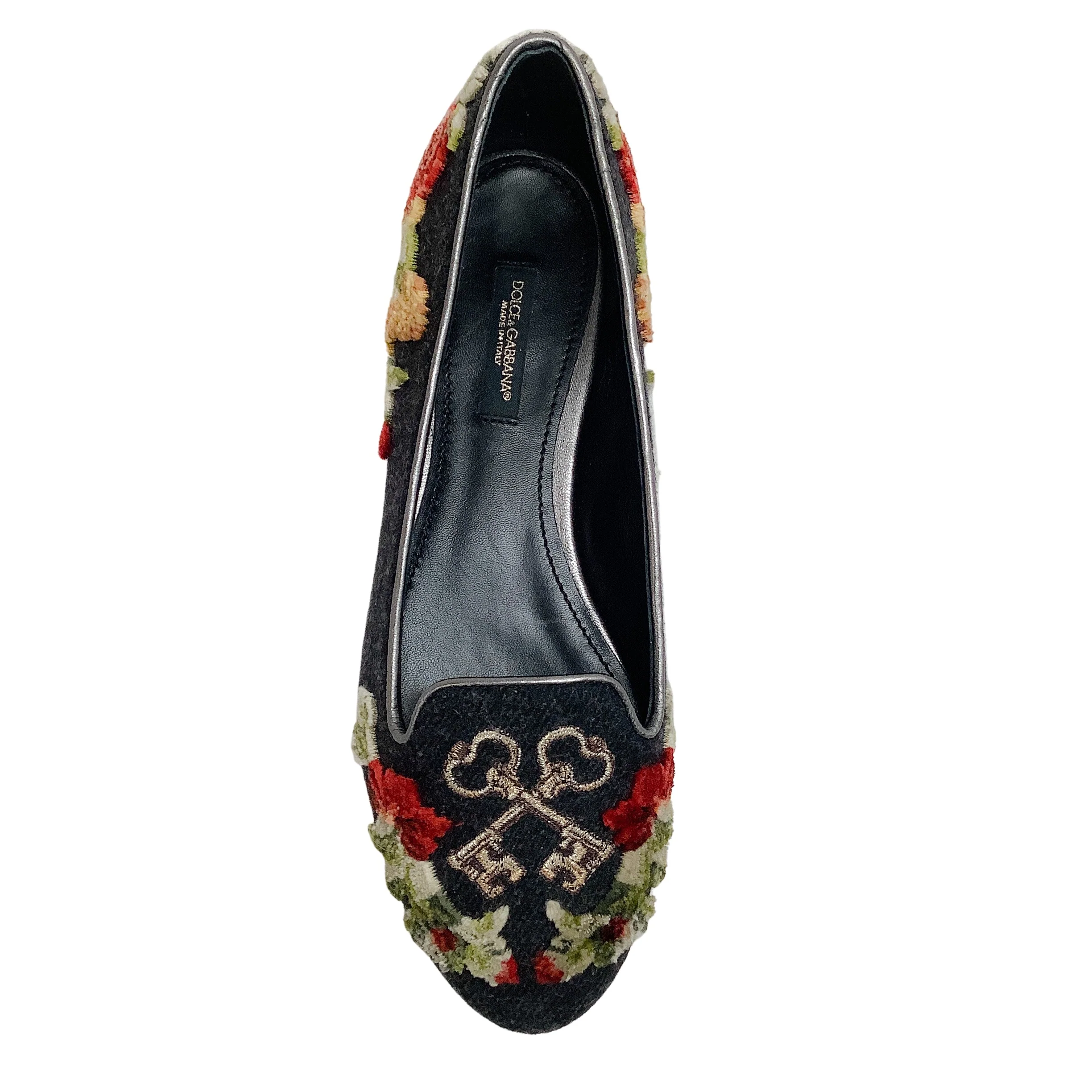Dolce & Gabbana Grey Flannel Velvet Floral with Key Flats - Image 4
