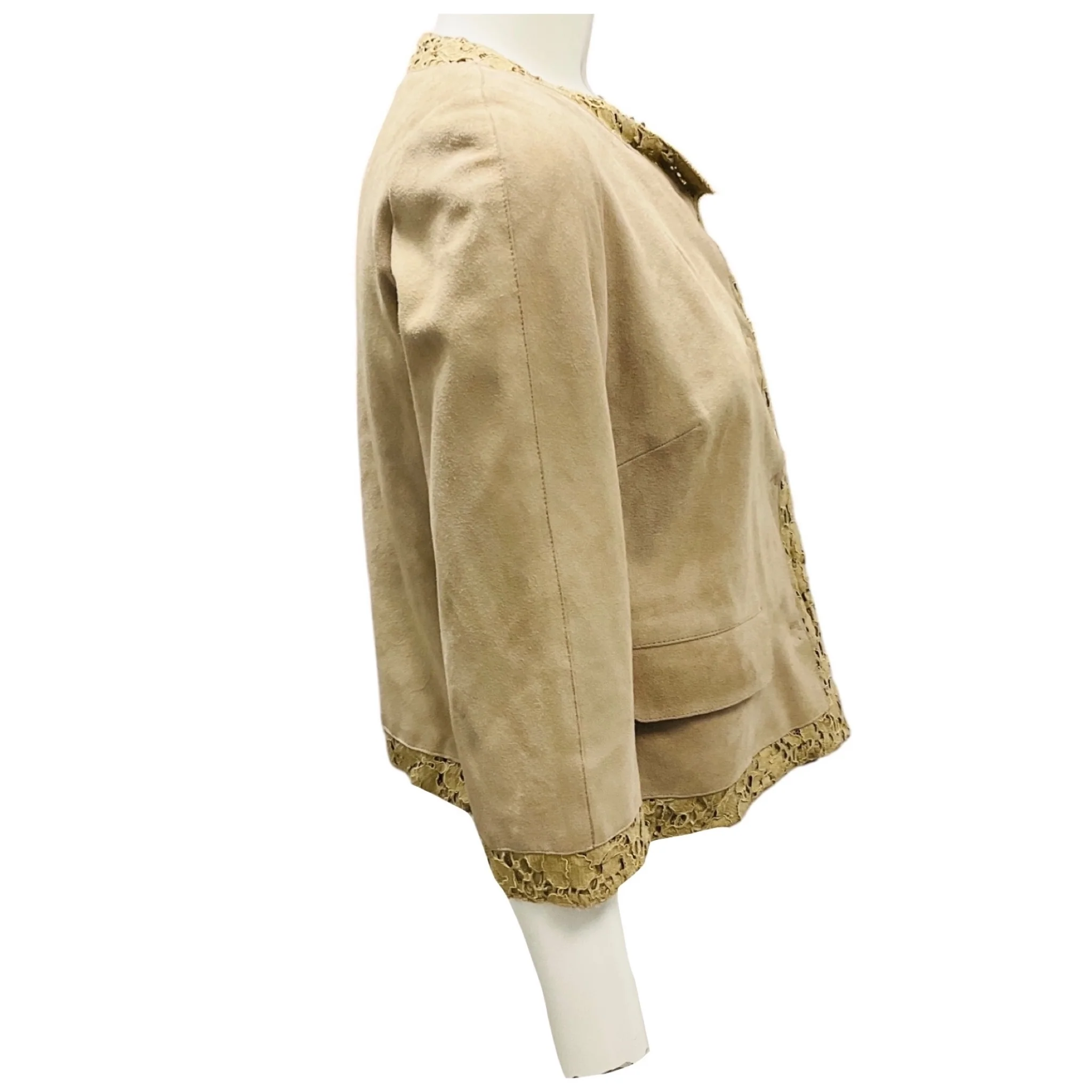 Dolce & Gabbana Tan Suede Goatskin Jacket with Lace Trim - Image 2