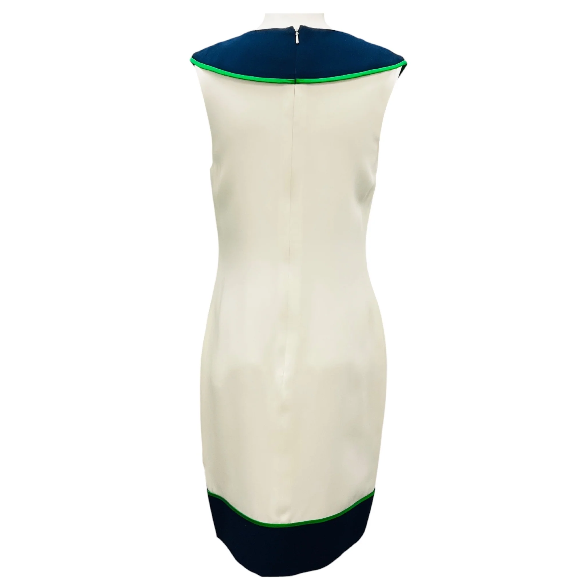 Donald Deal Ivory / Green / Navy Sleeveless Silk Crepe Shift Dress - Image 3