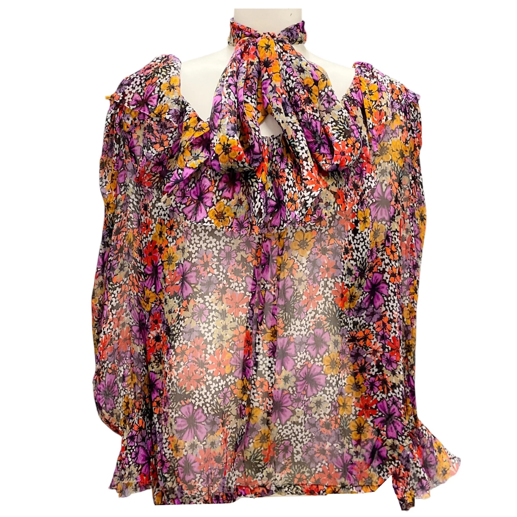 Dries Van Noten Magenta Multi Contera Floral Print Ruffled Blouse with matching scarf