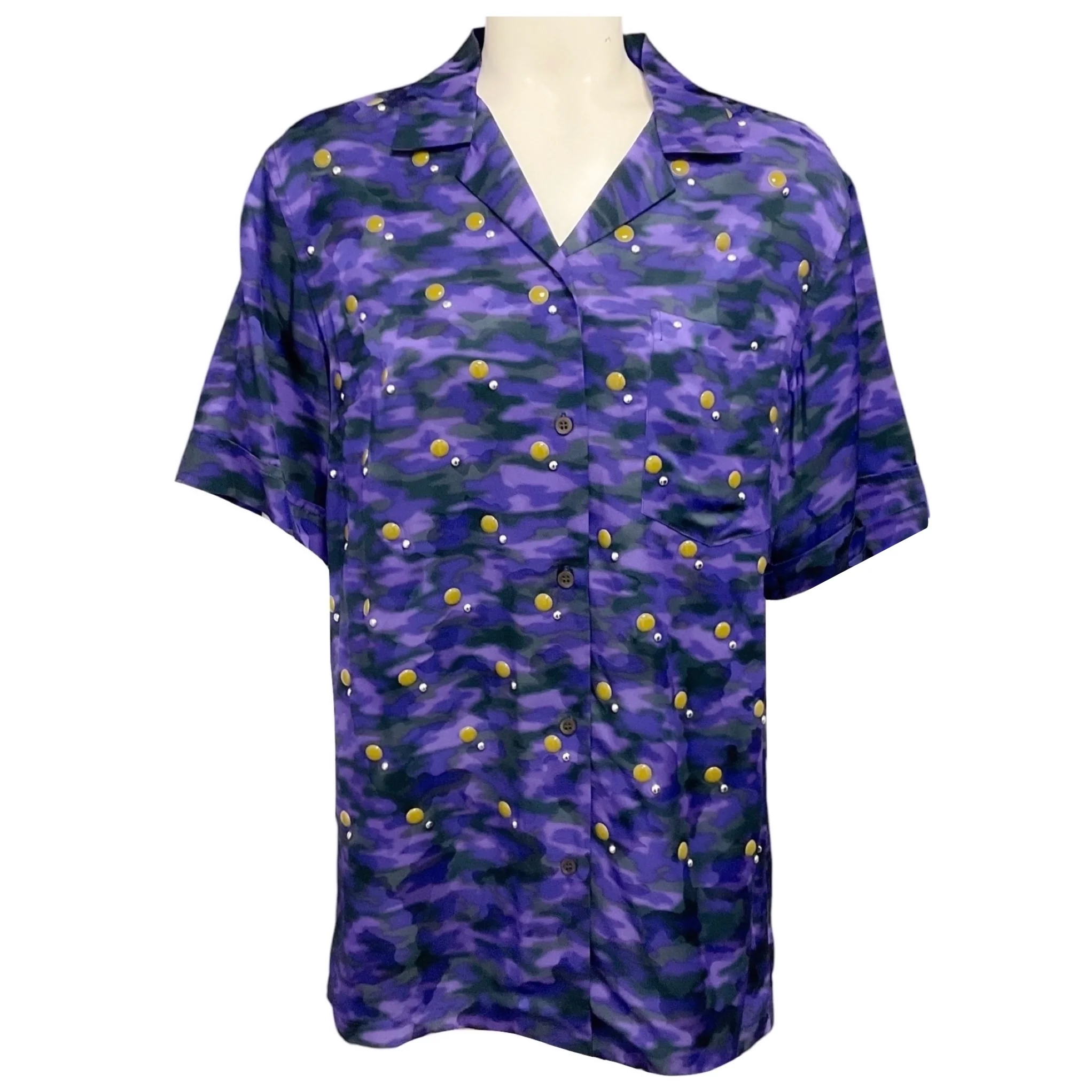 Dries van Noten Purple Multi Stud Embellished Camo Printed Satin Blouse