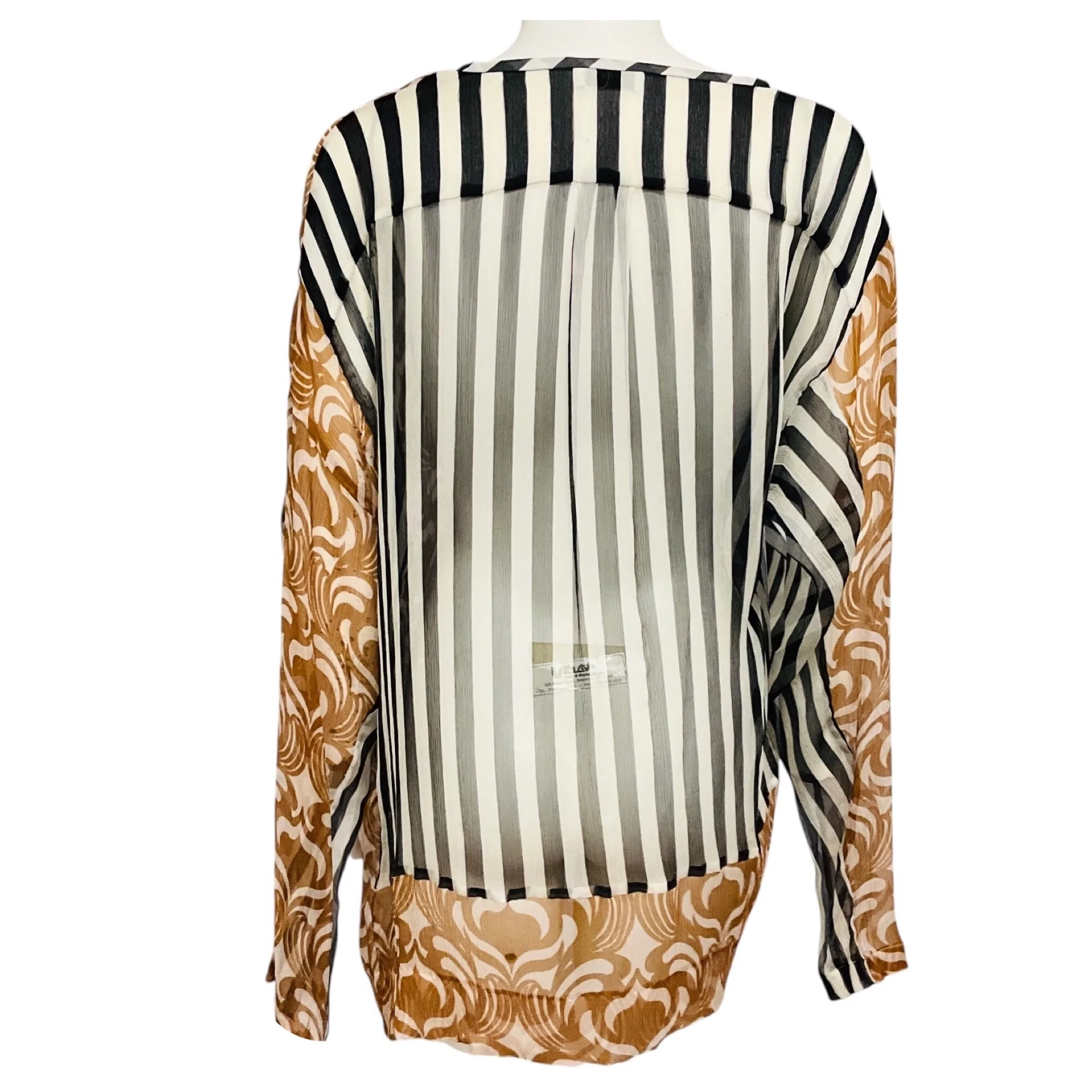 Dries van Noten Tan / Ivory / Black Mixed Pattern Print Sheer Silk Chiffon Blouse - Image 3