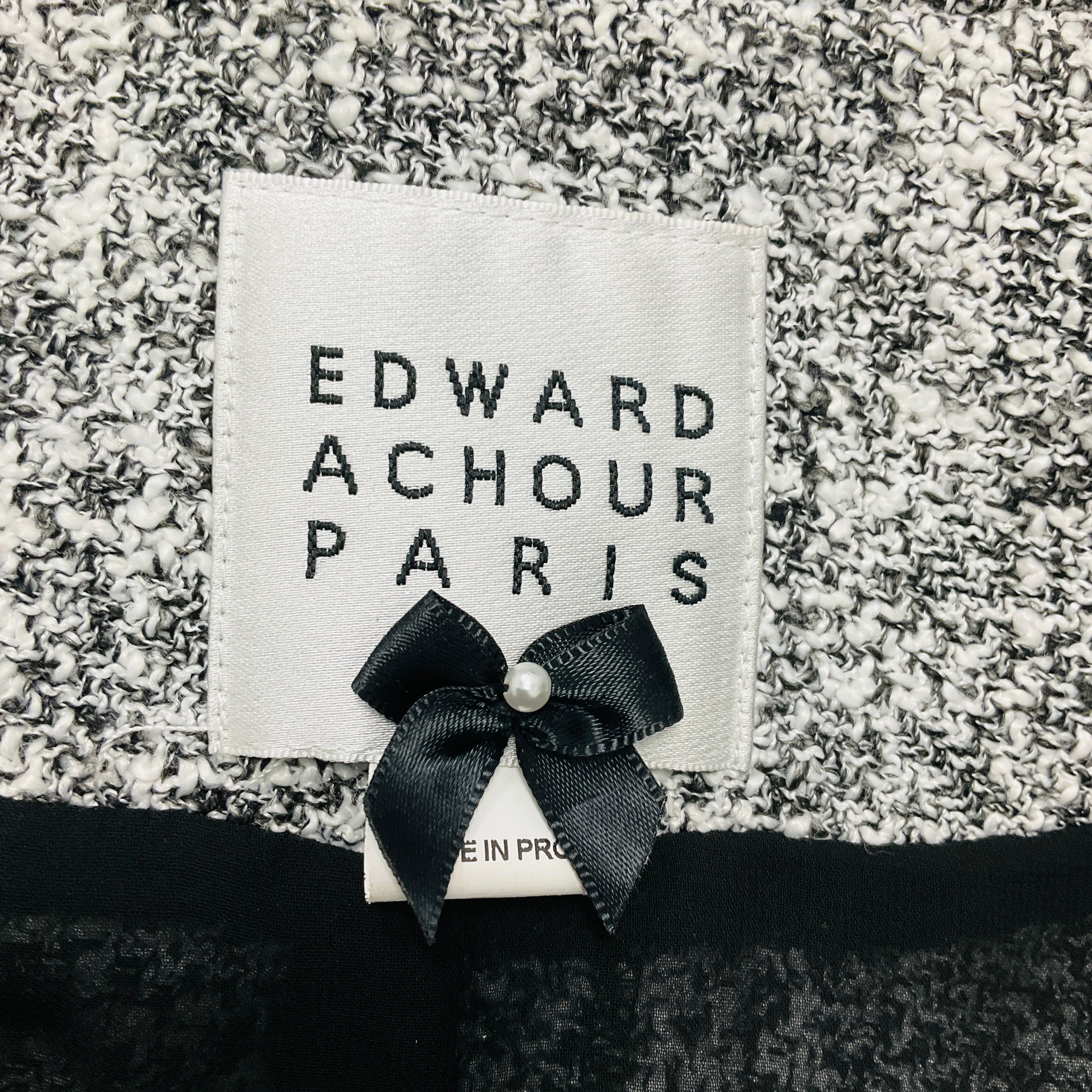 Edward Achour Black / White Fringed Tweed Jacket with Floral Applique - Image 4