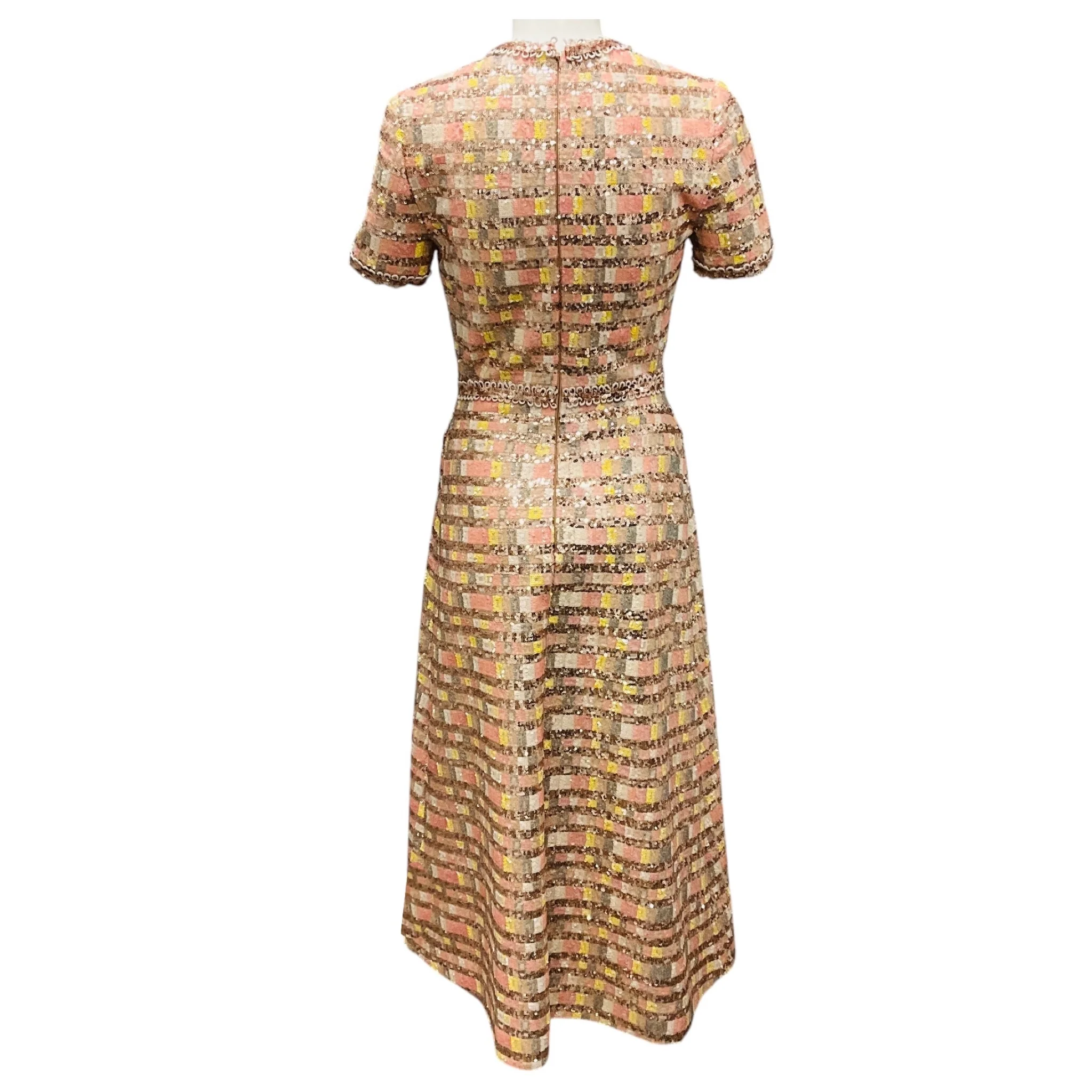 Elie Saab Blush Pink / Yellow / Rose Gold Metallic Camaleonte Sequined Midi Dress - Image 3