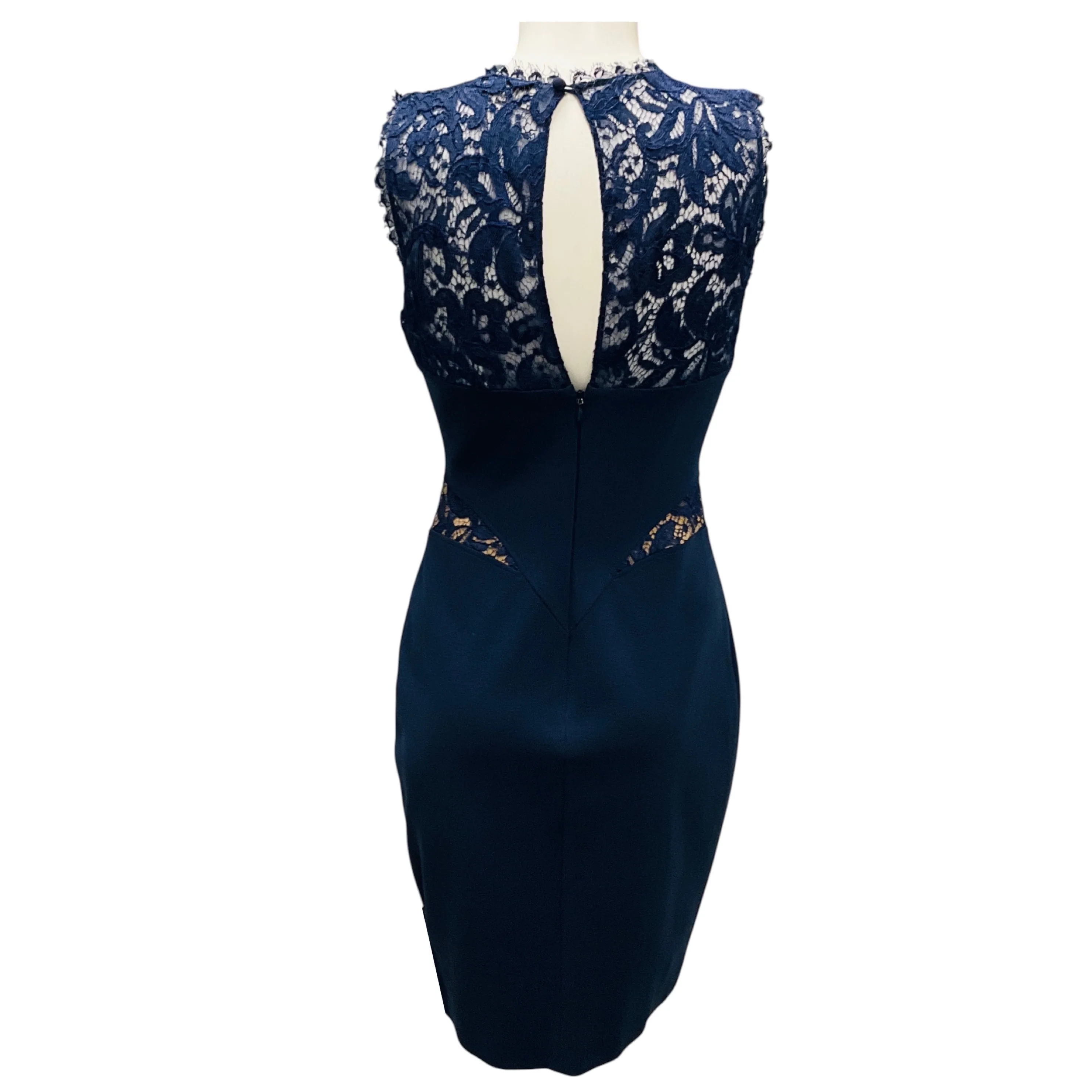 Emilio Pucci Navy Blue Lace Trimmed Sleeveless Fitted Knit Cocktail Dress - Image 3