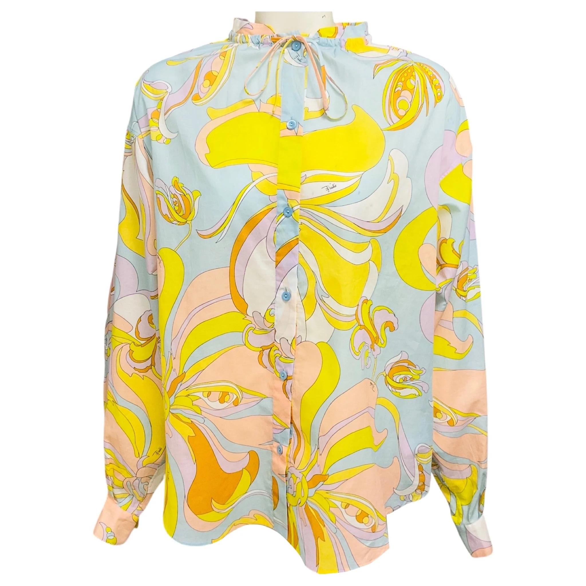 Emilio Pucci Pastel Multi Tie Neck Pucci Print Button Front Silk Blouse