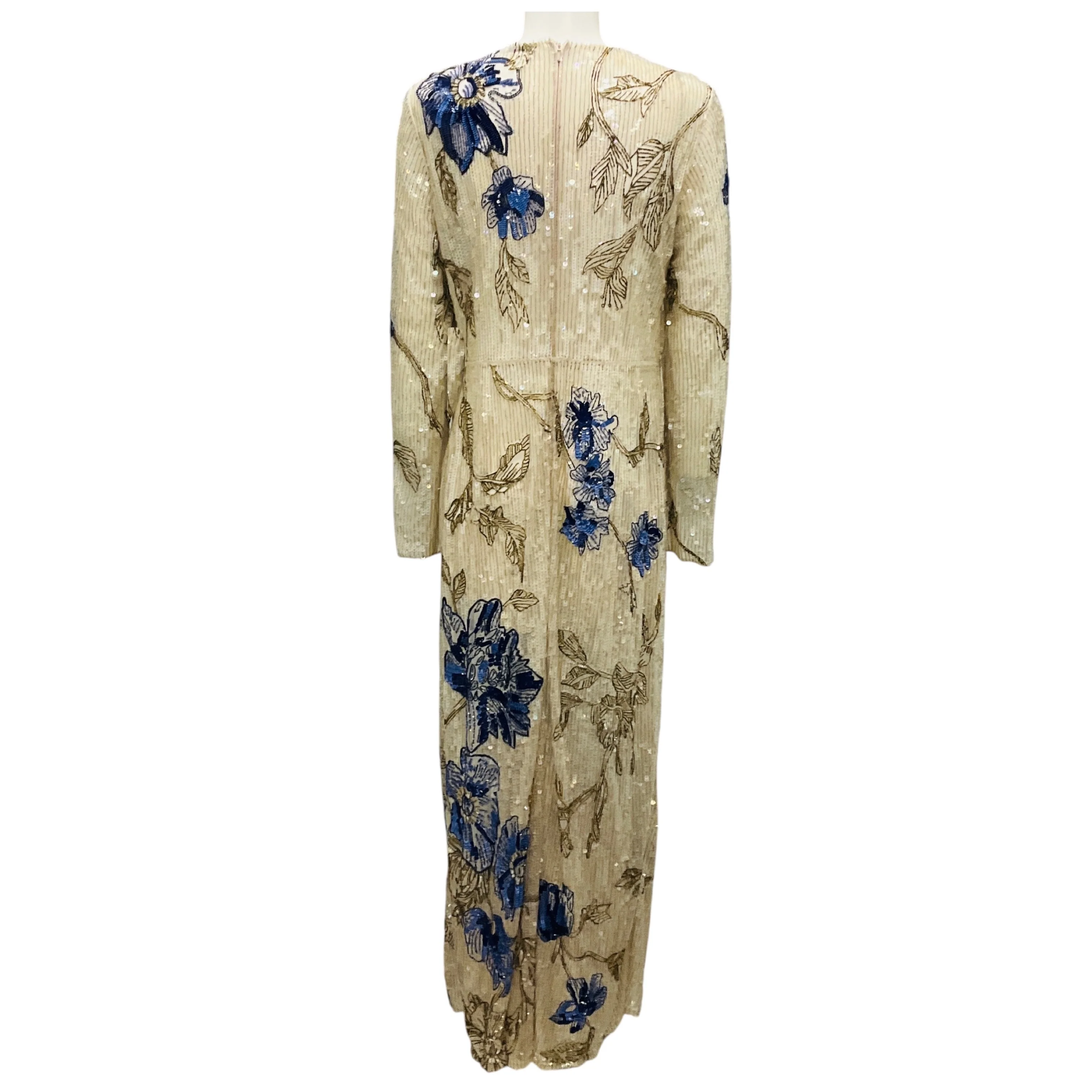 Erdem Beige / Blue Long Sleeved Beaded and Sequined Gown / Formal Dress - Image 3