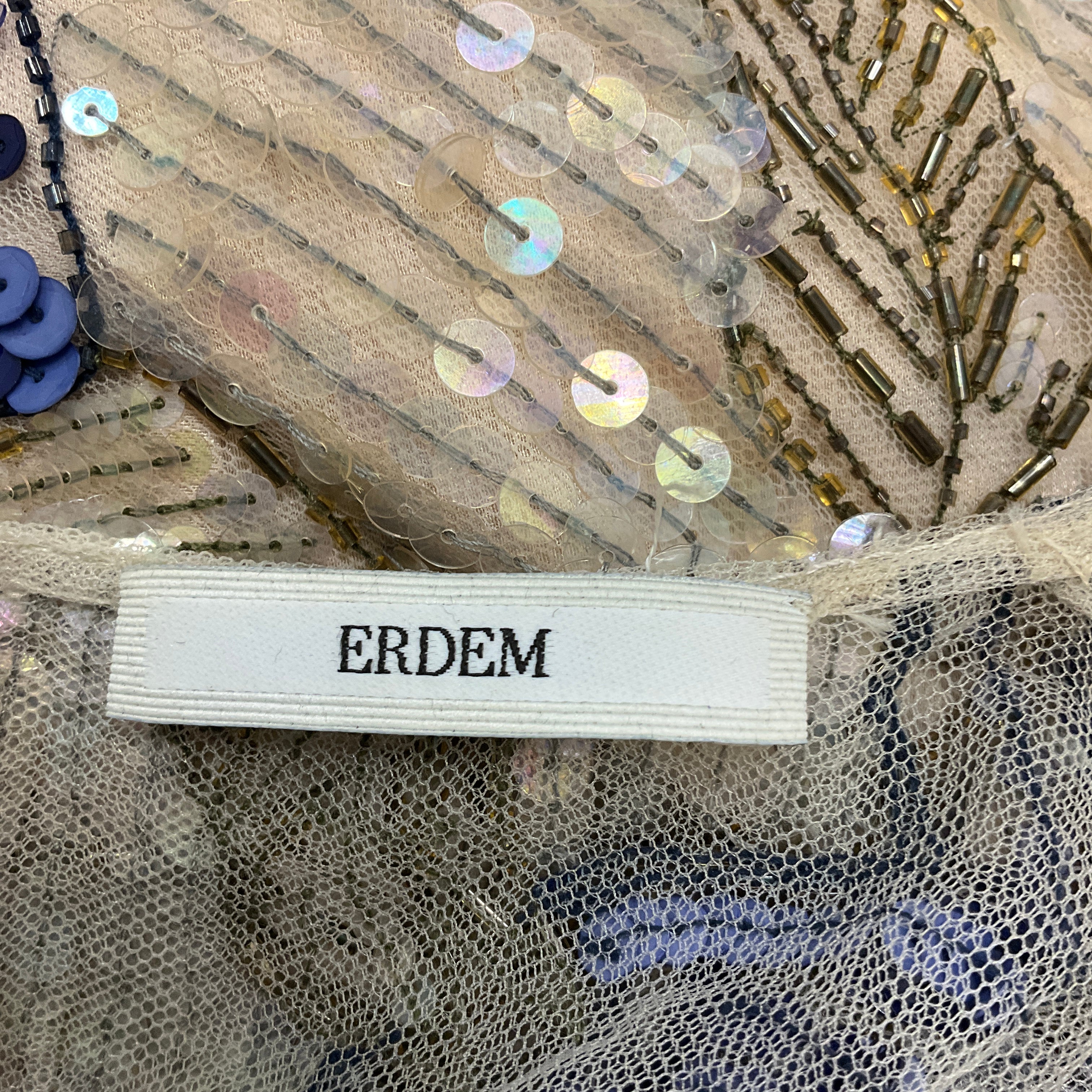 Erdem Beige / Blue Long Sleeved Beaded and Sequined Gown / Formal Dress - Image 4