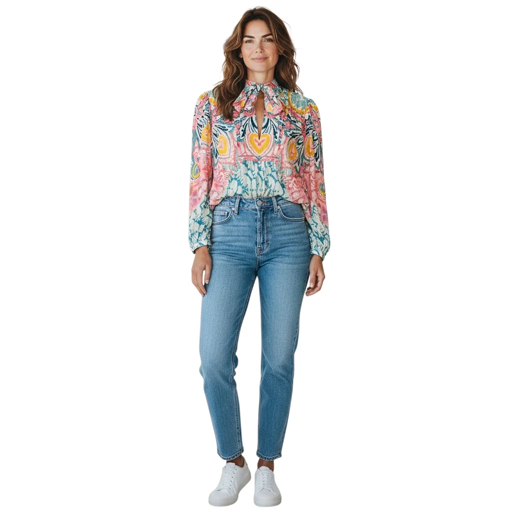 Etro Blue / Pink Multi Printed Tie Neck Blouse - Image 7