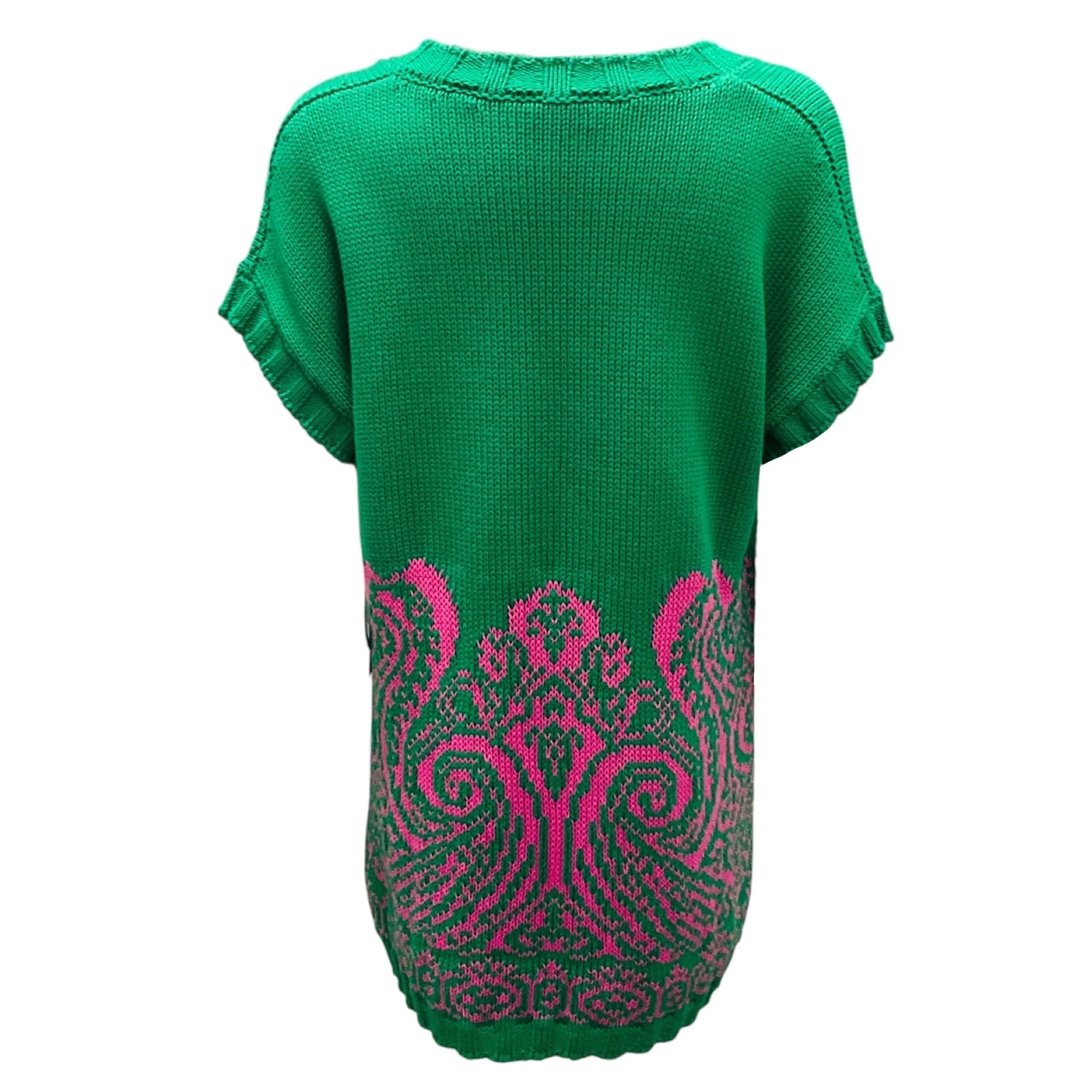 Etro Green / Pink Short Sleeved V-Neck Cotton Knit Sweater - Image 3