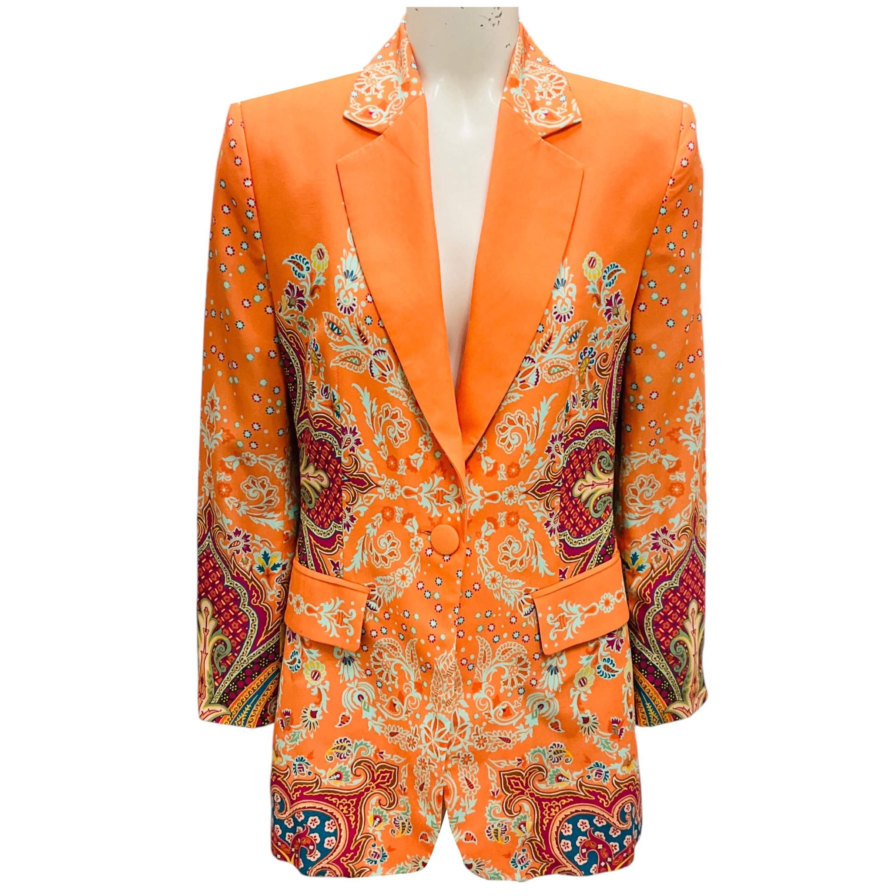 Etro Orange Multi Paisley Printed One Button Blazer