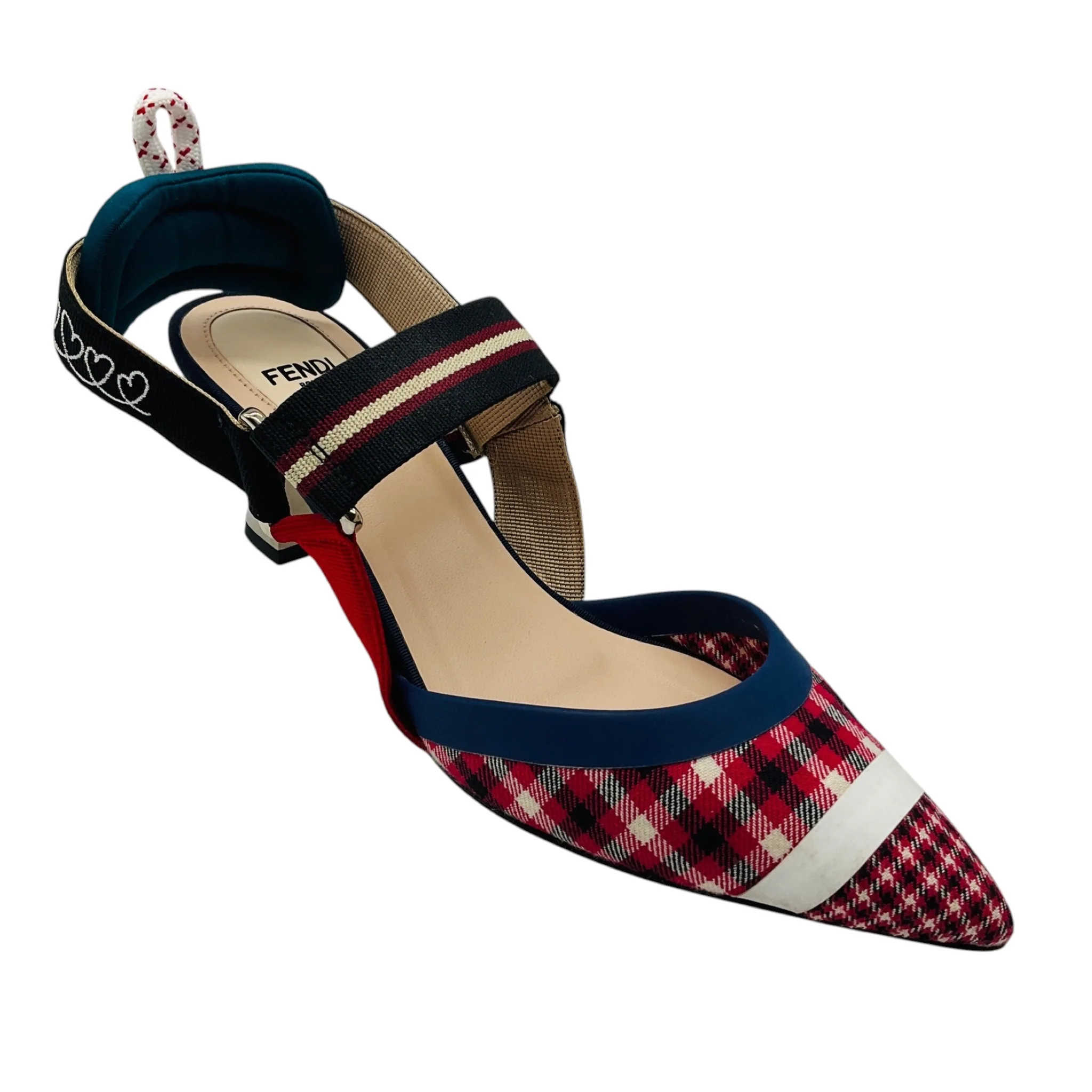Fendi Red Multi Colibri Gingham Plaid Slingback Pumps