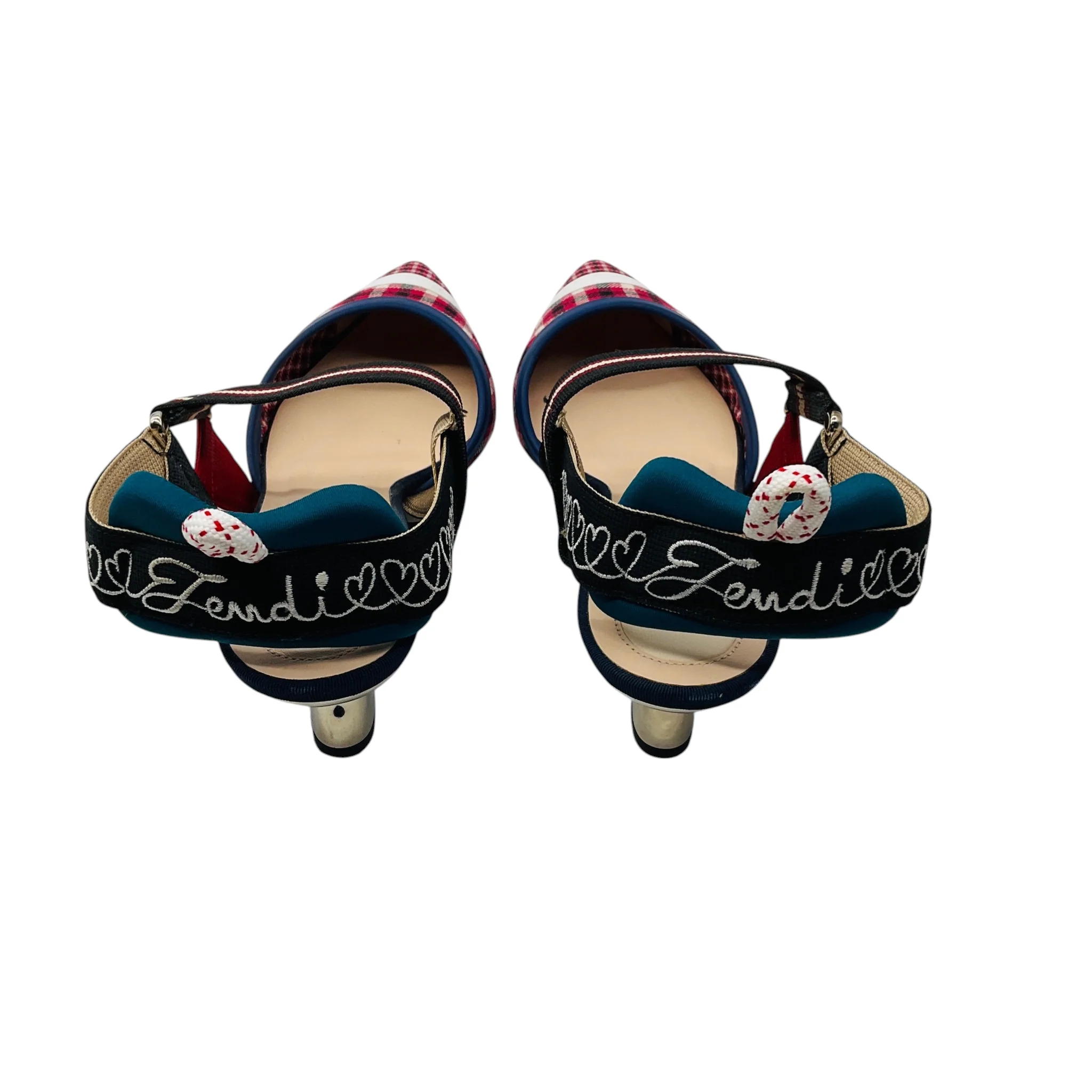 Fendi Red Multi Colibri Gingham Plaid Slingback Pumps - Image 5