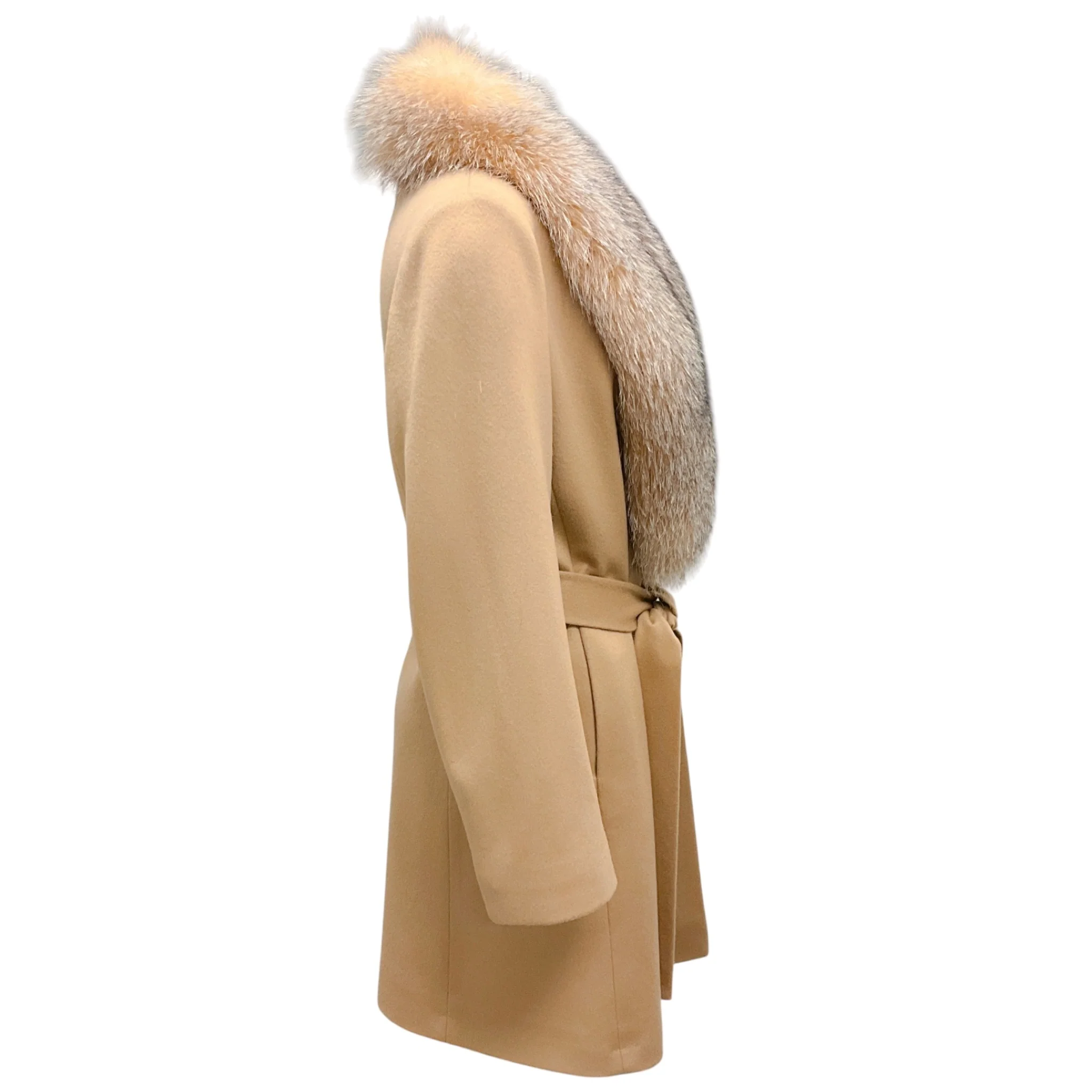 Fleurette Camel Fox Fur Collar Wool Wrap Coat with Belt - Image 2