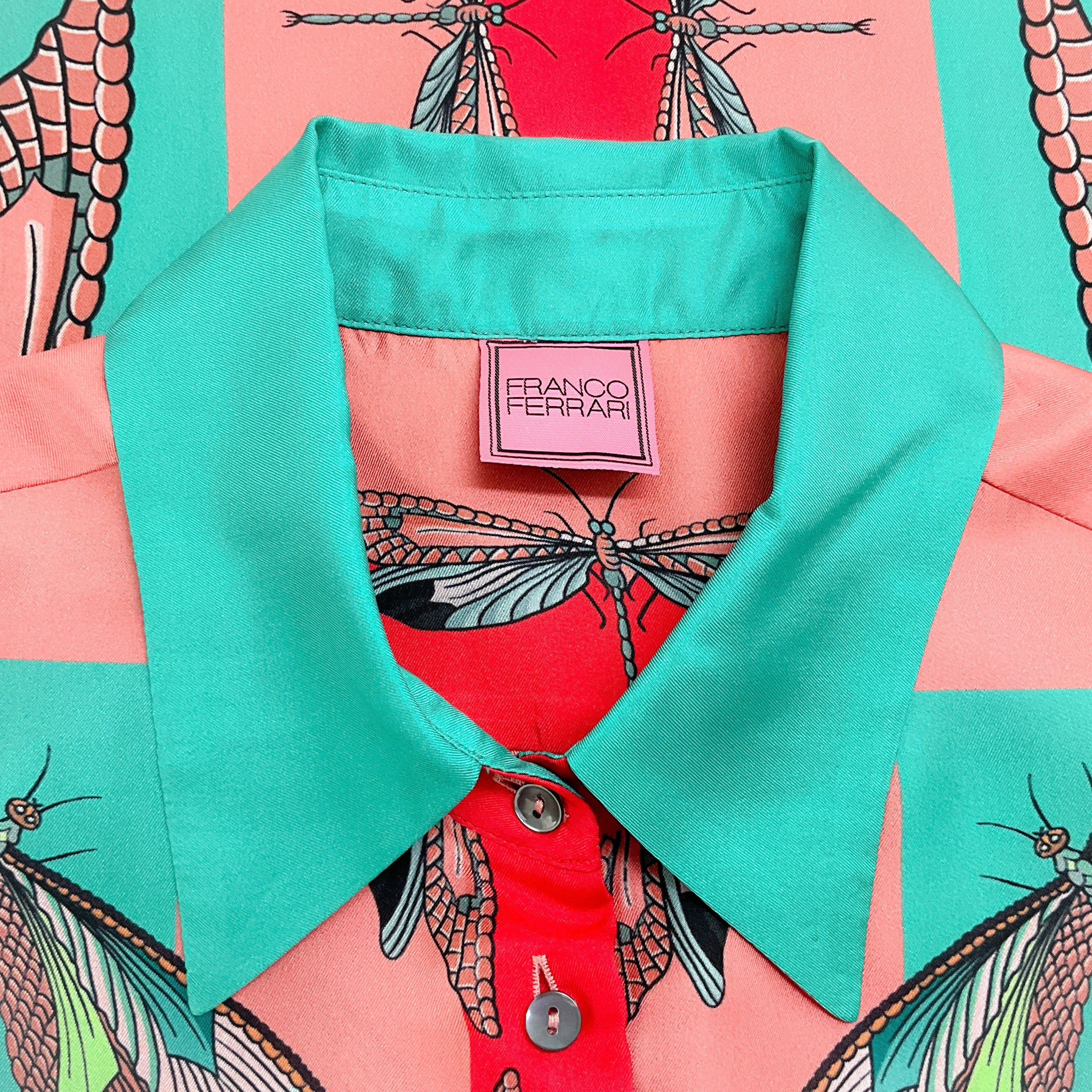 Franco Ferrari Coral / Aqua Insect Print Silk Blouse - Image 4