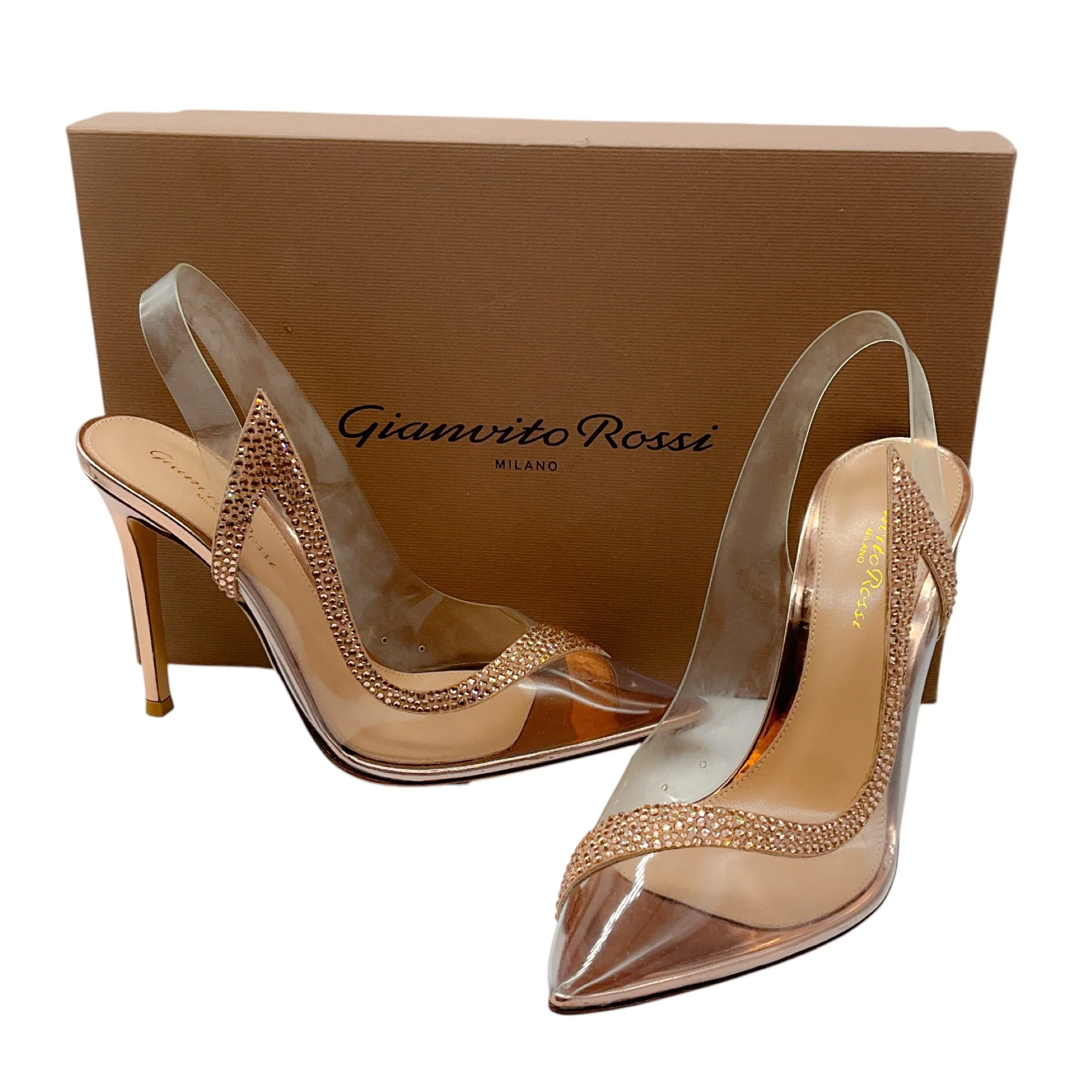 Gianvito Rossi Rose Gold Hortensia 105 Plexi Embellished Slingback Pumps - Image 8