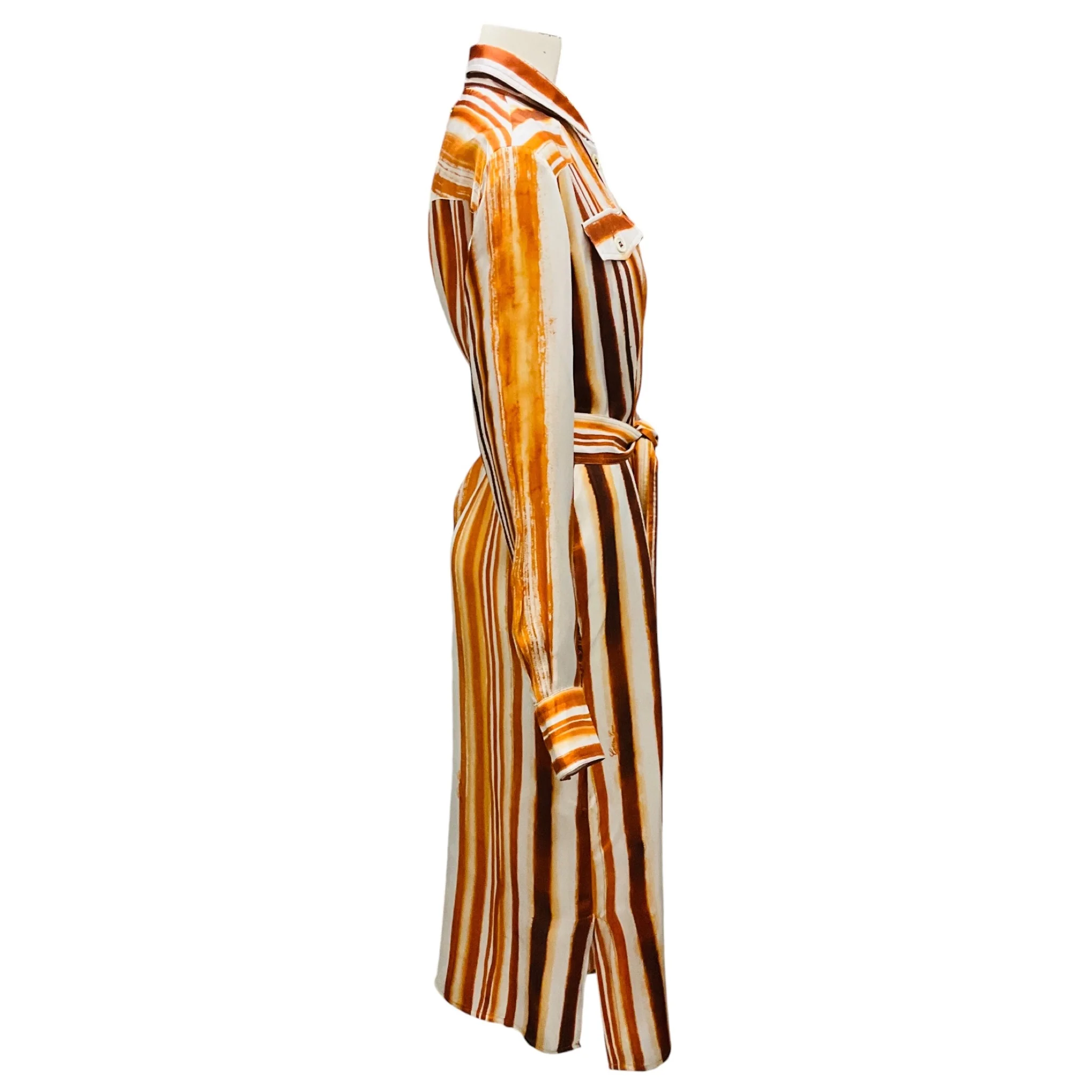 Golden Goose Deluxe Brand Orange Multi Striped Silk Dress with Belt - Image 2