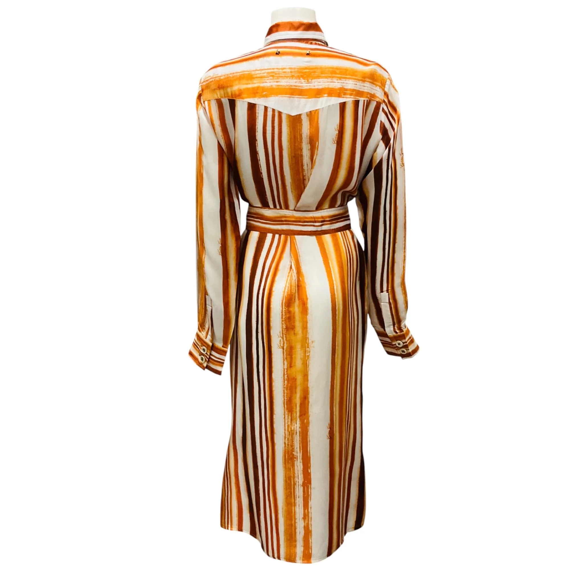 Golden Goose Deluxe Brand Orange Multi Striped Silk Dress with Belt - Image 3