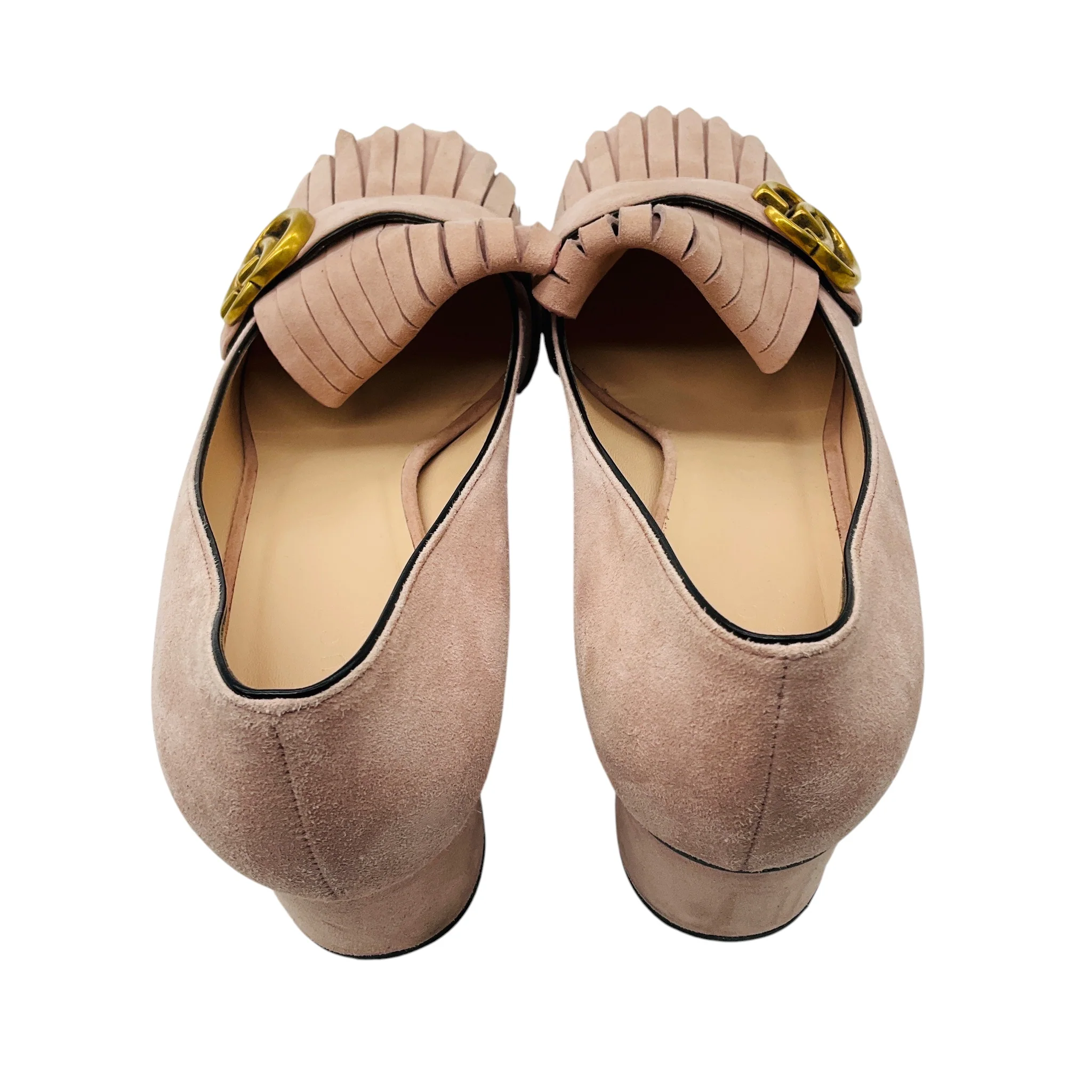 Gucci Crystal Pink / Gold GG Kiltie Fringe Mid Heel Suede Pump - Image 5