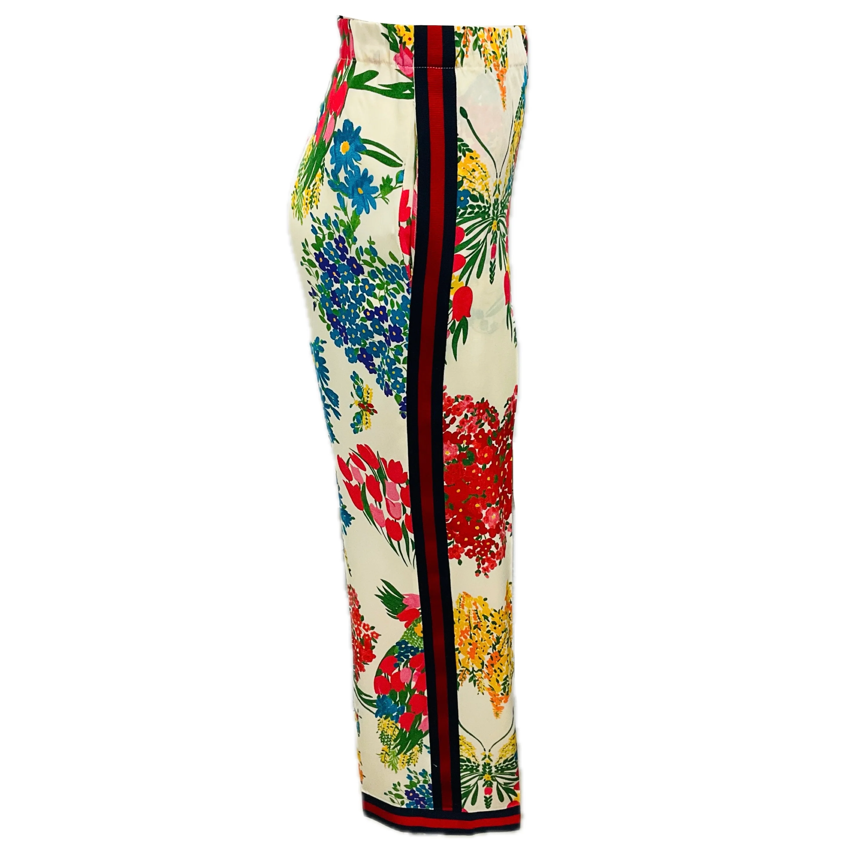 Gucci Ivory Multi Floral Silk Pants with Web Stripe - Image 2