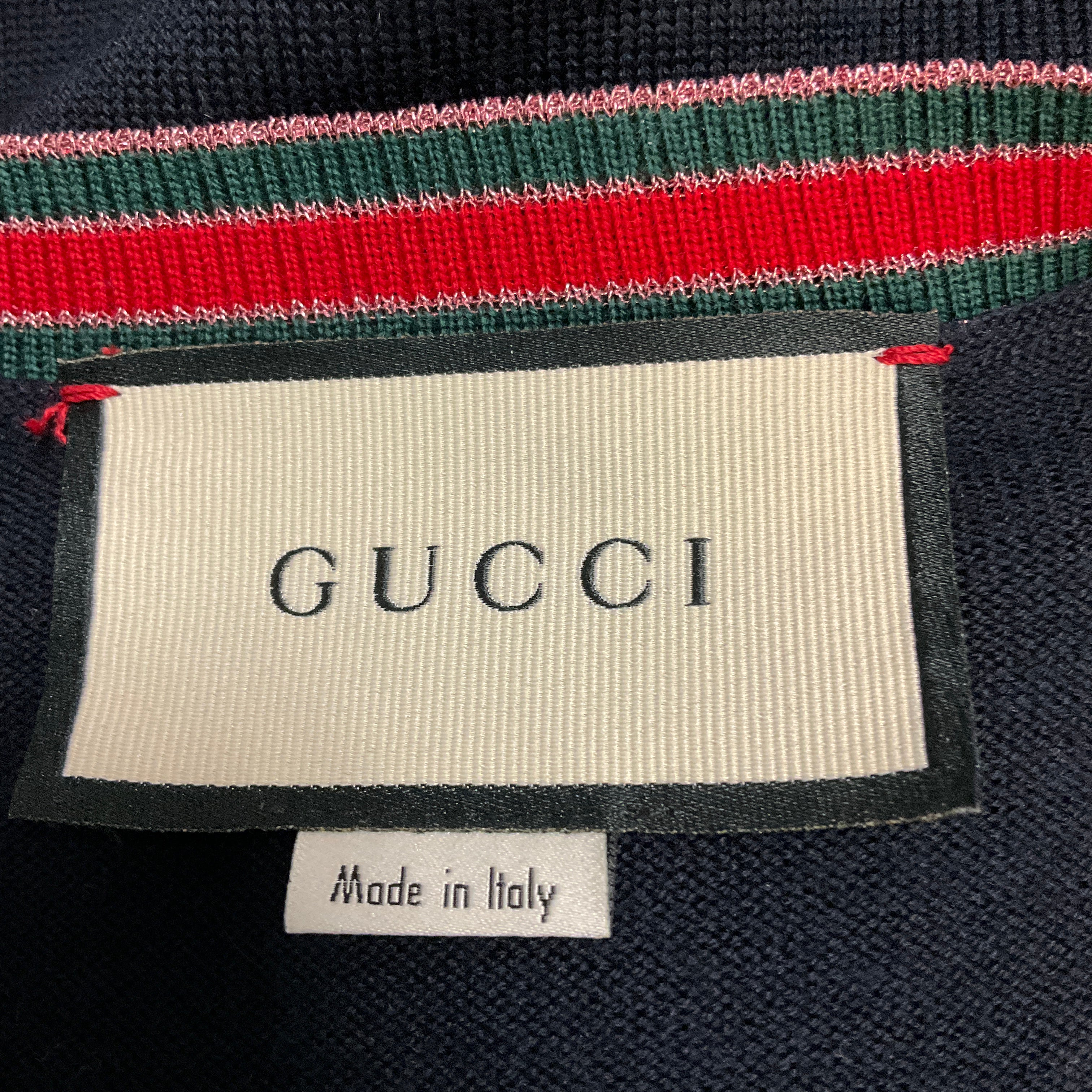 Gucci Navy Blue / Red Web Trim Faux Pearl Buttoned Wool Knit Cardigan Sweater - Image 4