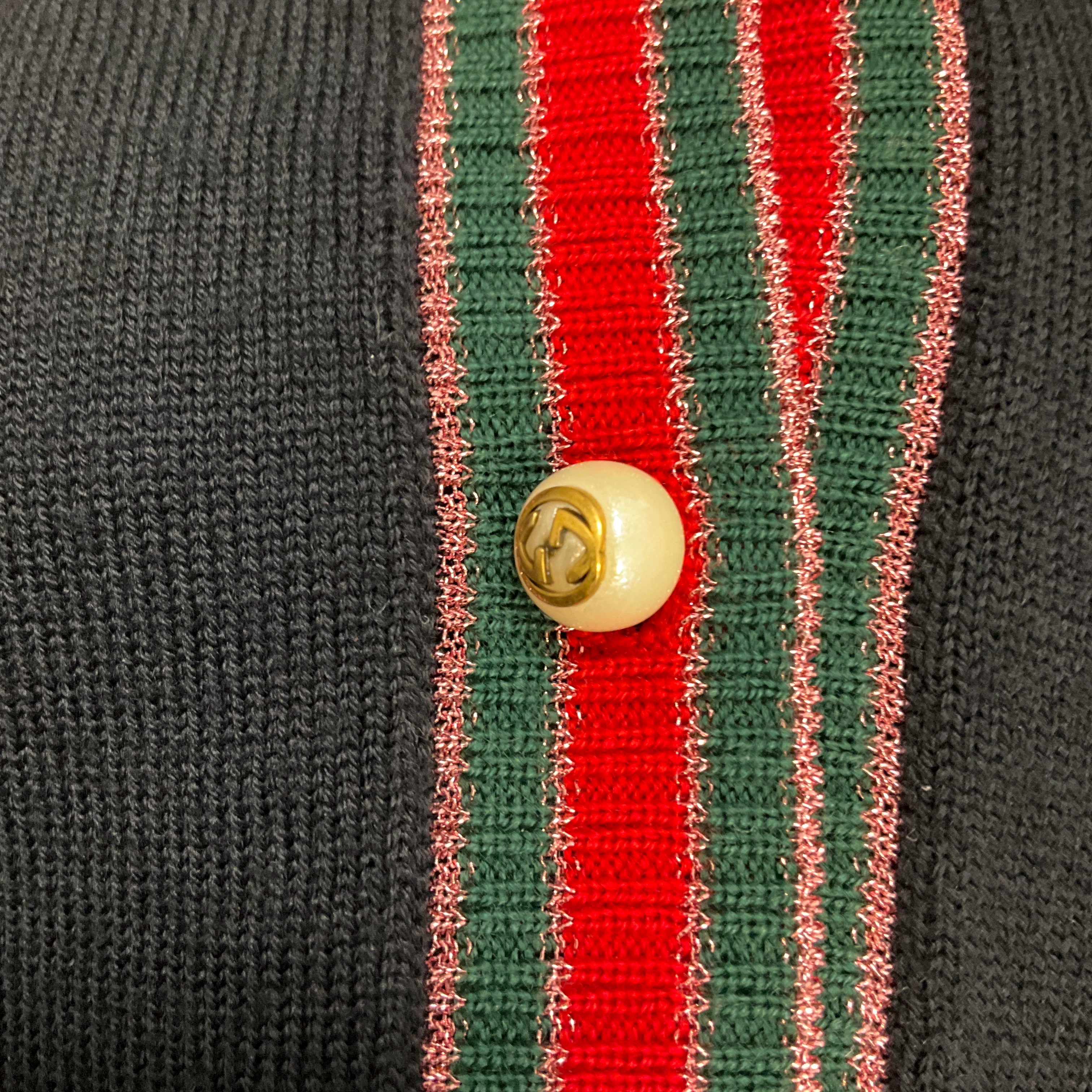Gucci Navy Blue / Red Web Trim Faux Pearl Buttoned Wool Knit Cardigan Sweater - Image 6