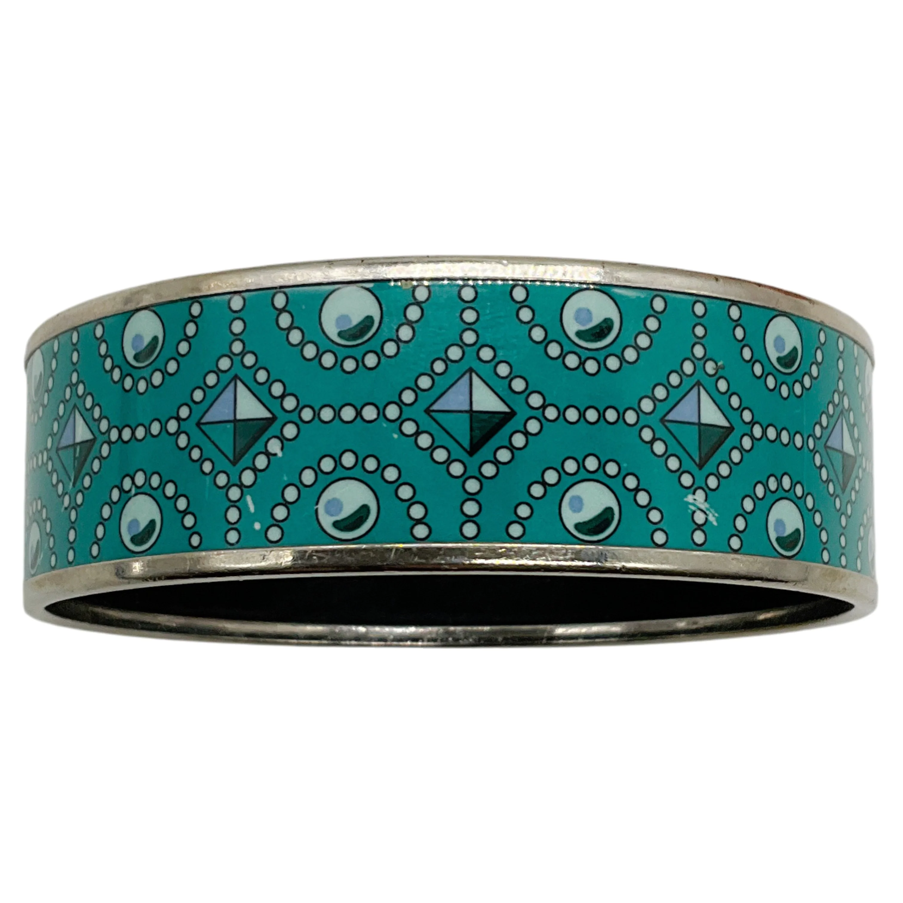 Hermes Blue Belt Motif Enamel Gold Plated Wide Bangle Bracelet - Image 3