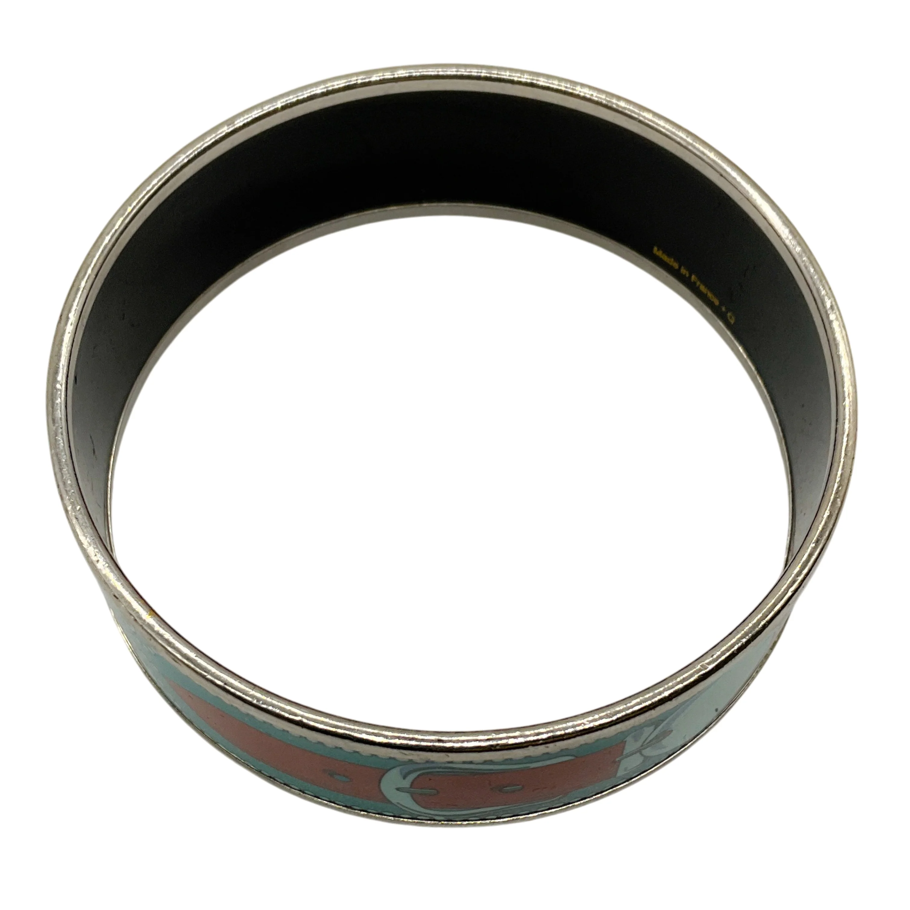 Hermes Blue Belt Motif Enamel Gold Plated Wide Bangle Bracelet - Image 6