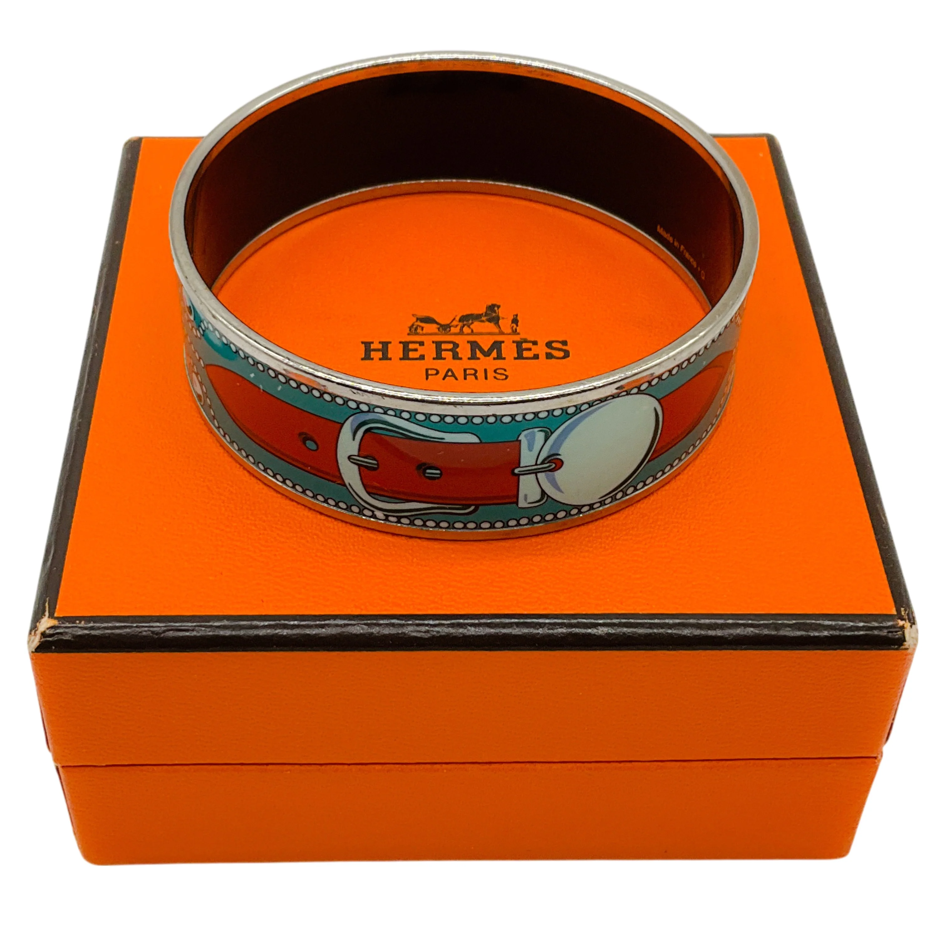 Hermes Blue Belt Motif Enamel Gold Plated Wide Bangle Bracelet - Image 7
