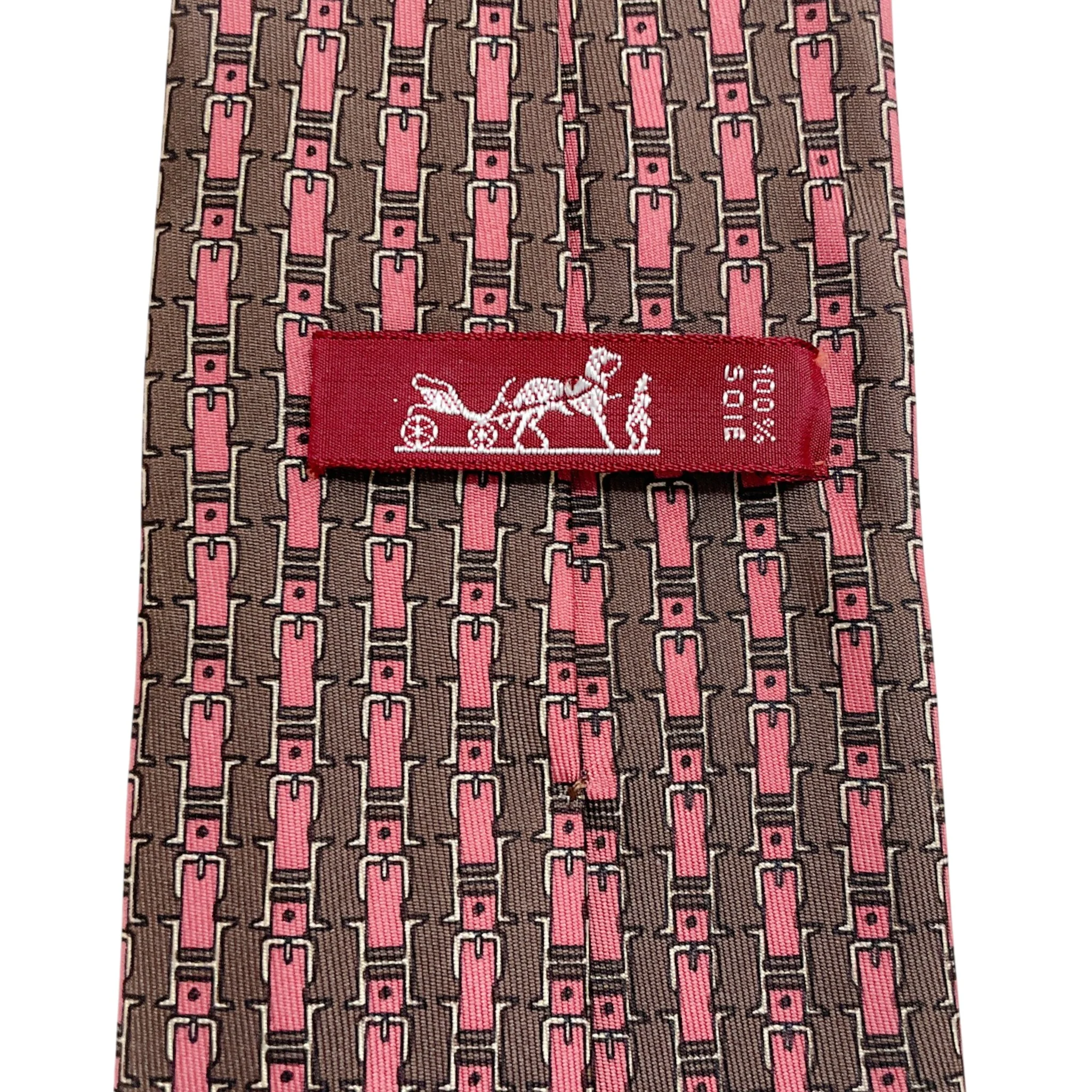 Hermes Brown / Pink Silk Buckle Print Men's Tie - Image 5