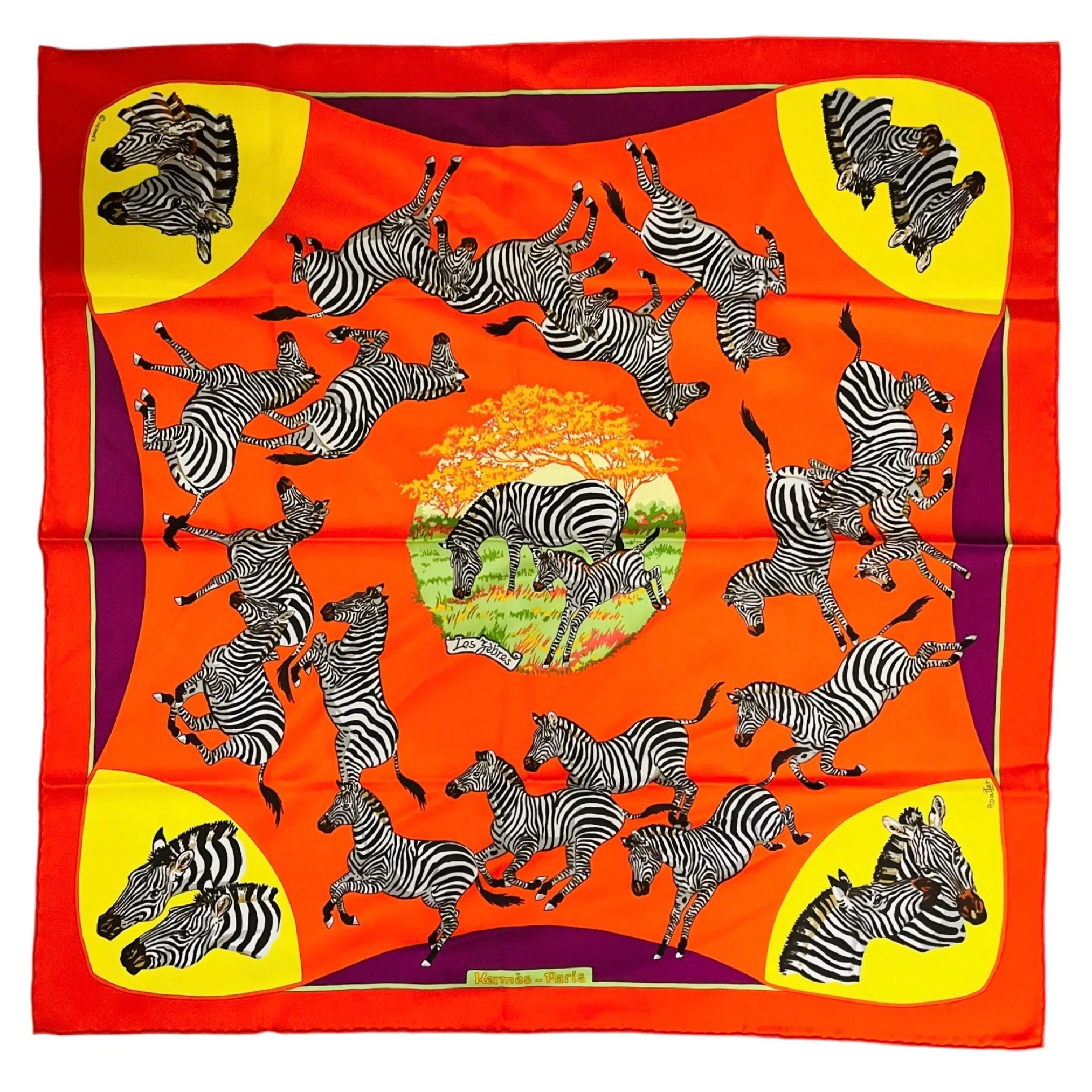 Hermes Orange Multi Les Zebres Print Square Silk Twill Scarf