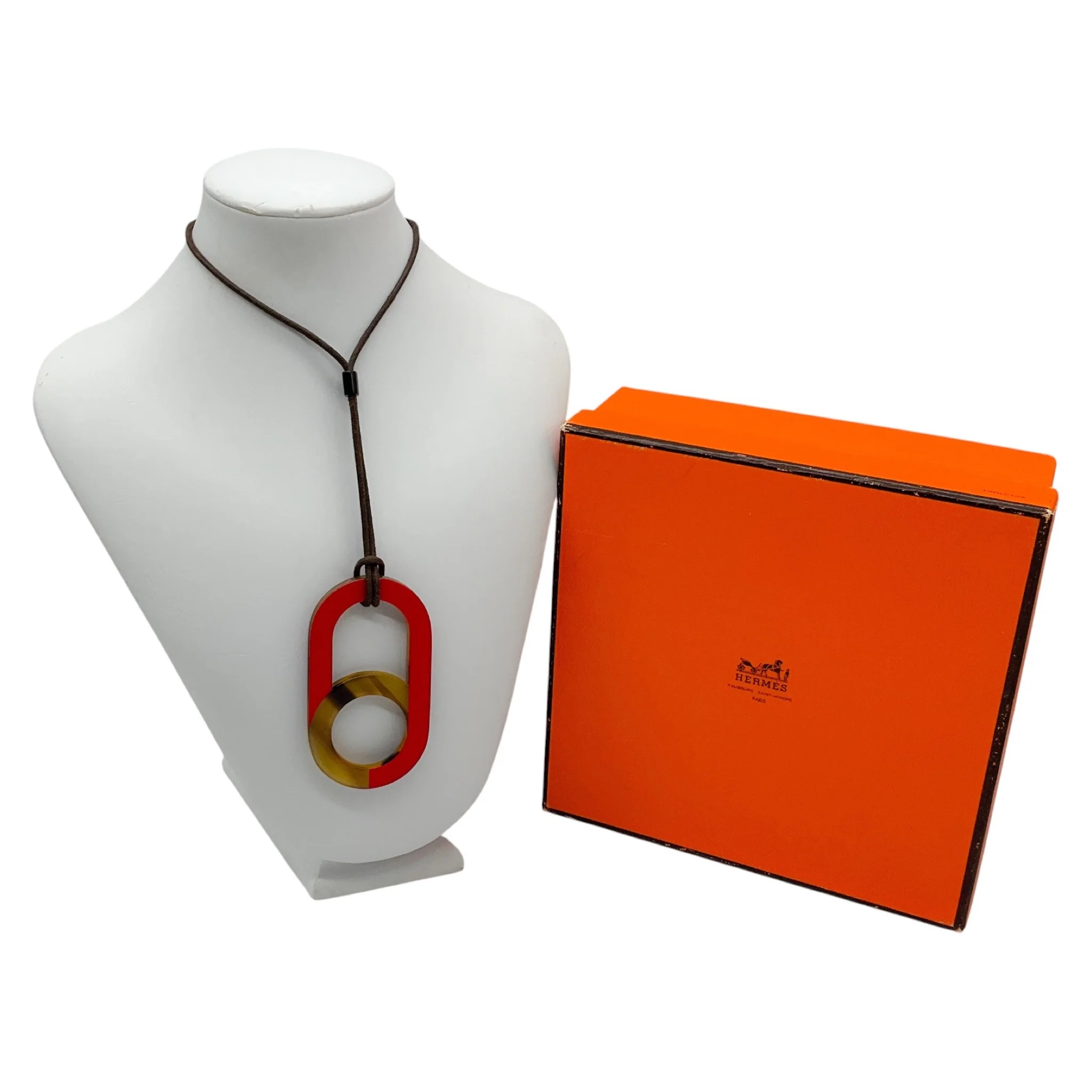 Hermes Red / Buffalo Horn Large Meyance Pendant Necklace on Adjustable Brown Cord - Image 2