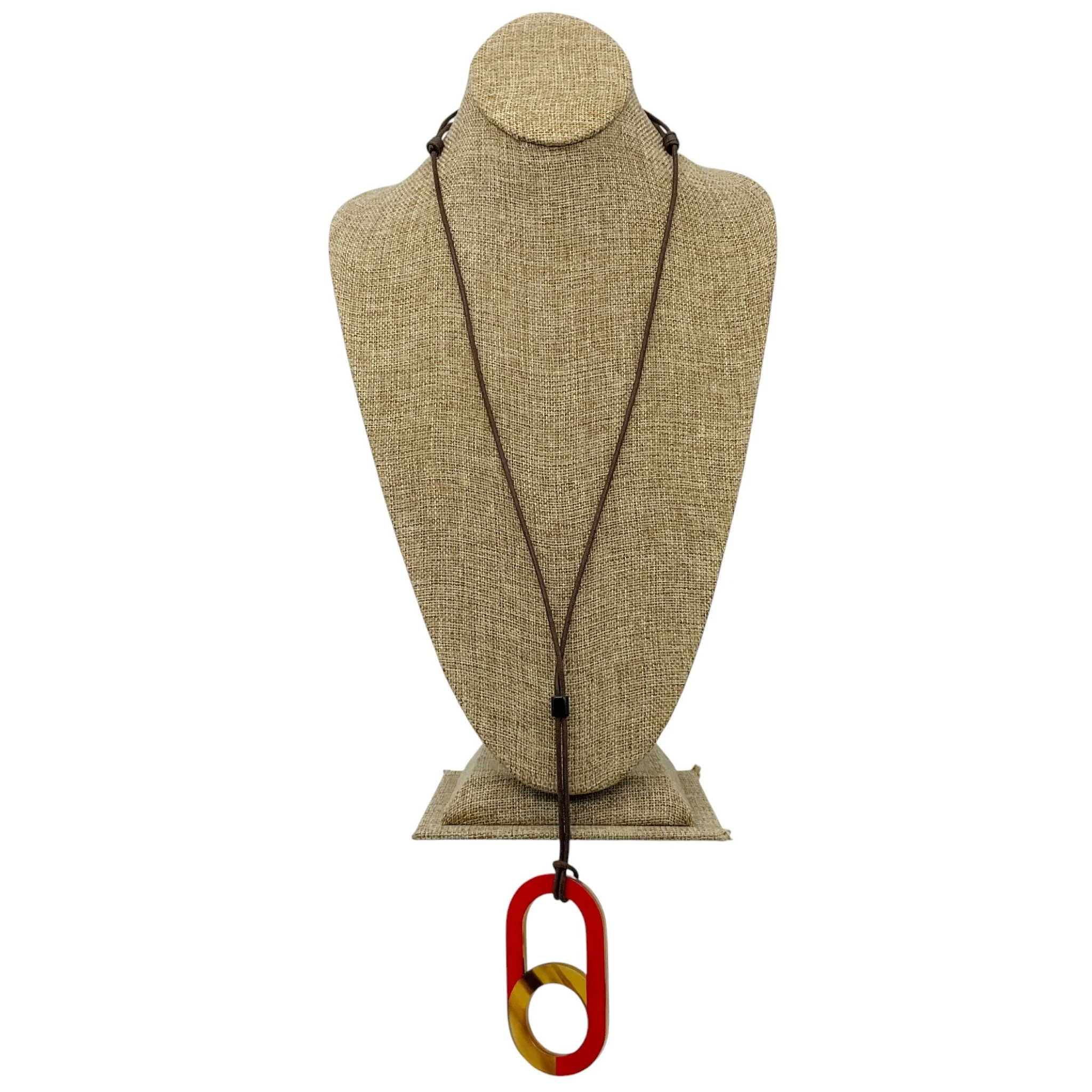 Hermes Red / Buffalo Horn Large Meyance Pendant Necklace on Adjustable Brown Cord - Image 4