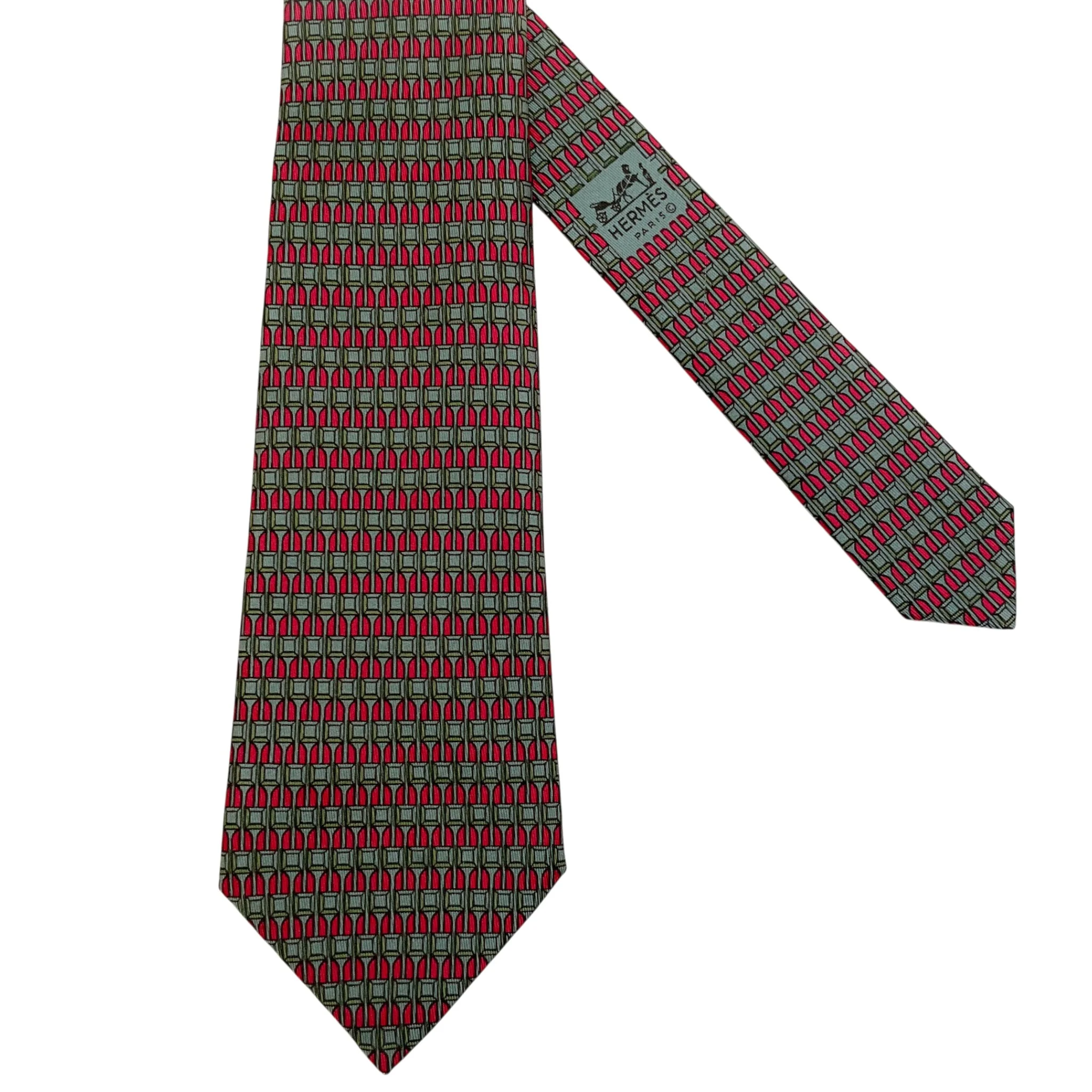 Hermes Red / Green Silk Geometric Print Men's Tie - Image 2