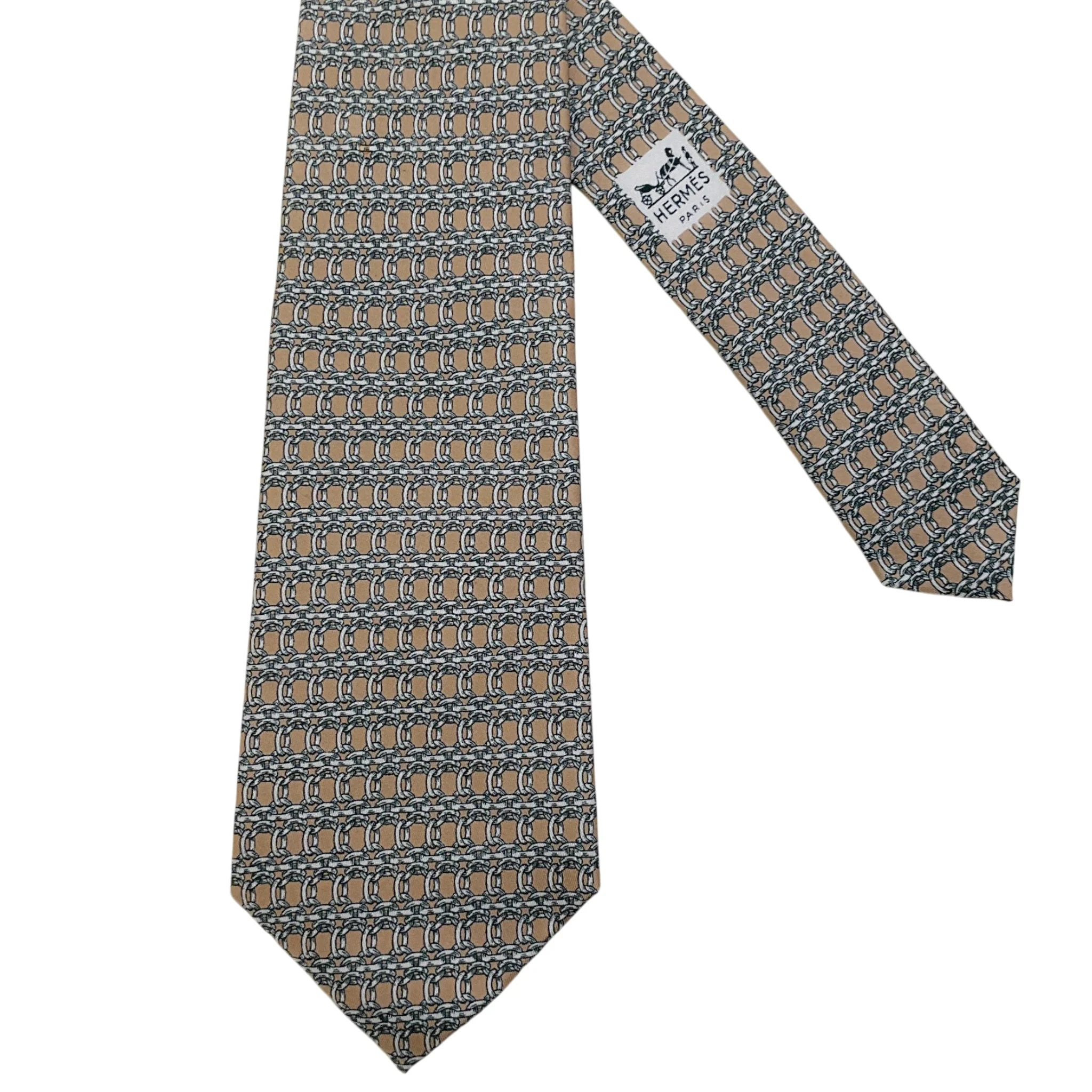 Hermes Taupe Silk Chain Print Men's Tie - Image 2