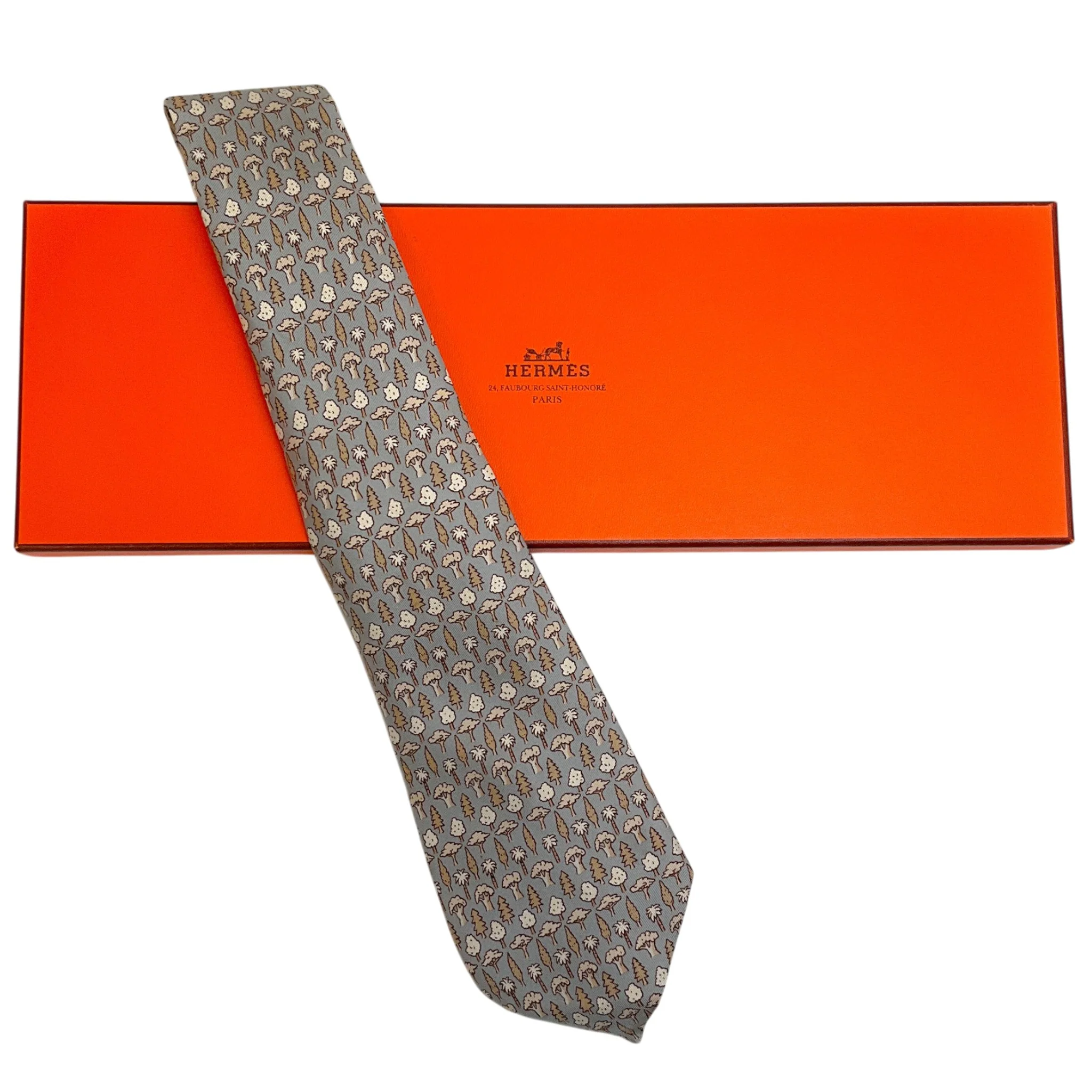 Hermes Taupe / Tan Silk Tree Print Men's Tie