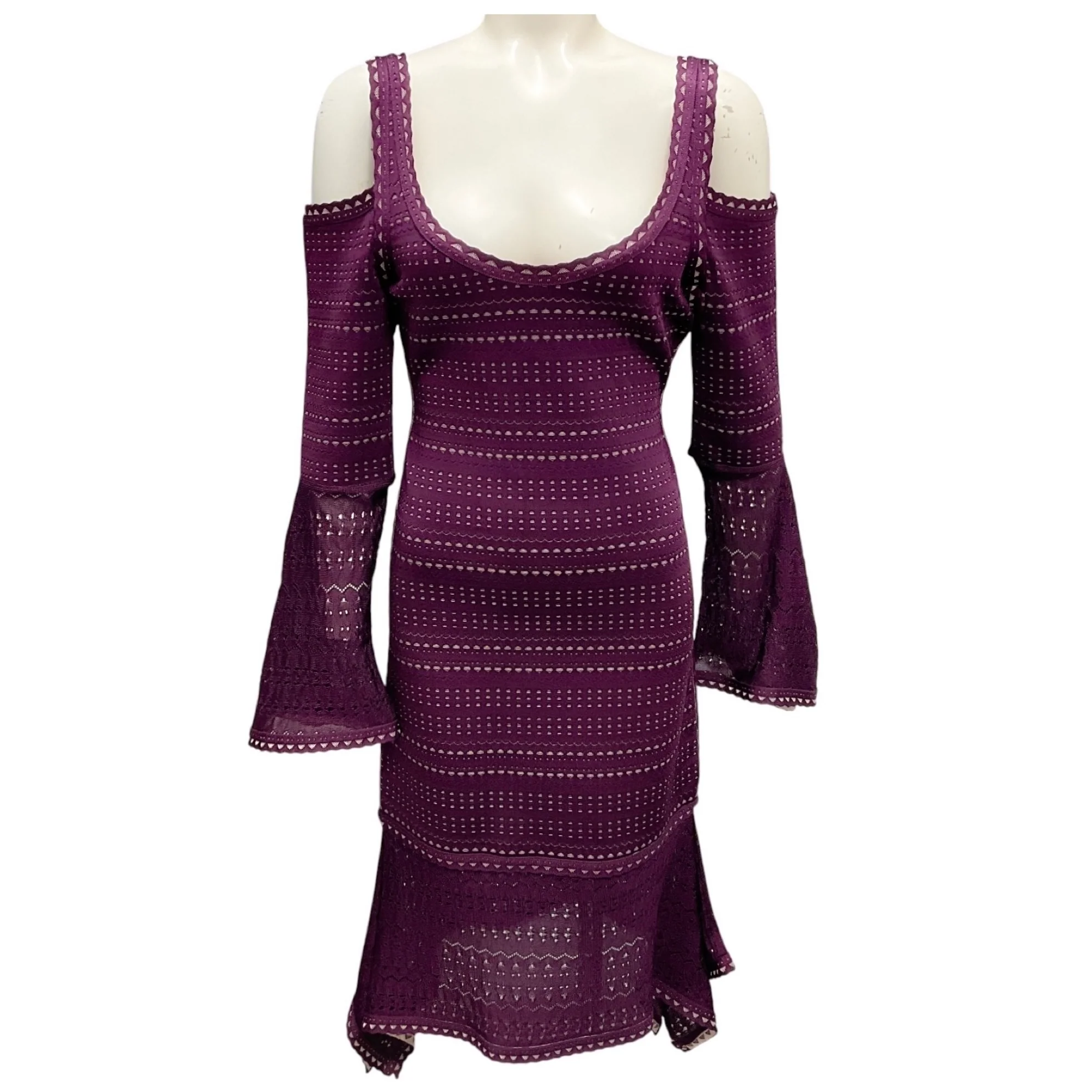 Herve Leger Bordeaux Combo Kamryn Cold Shoulder Stretch Pointelle Knit Dress