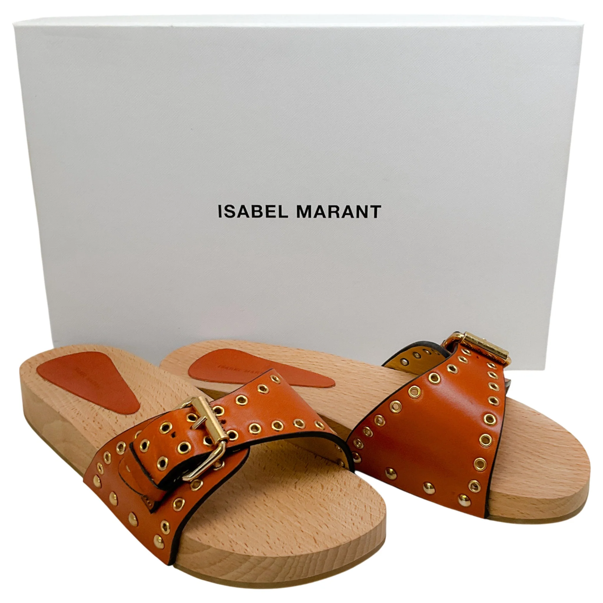 Isabel Marant Natural Leather Jaso Eyelet Grommet Wood Slide Sandals - Image 6