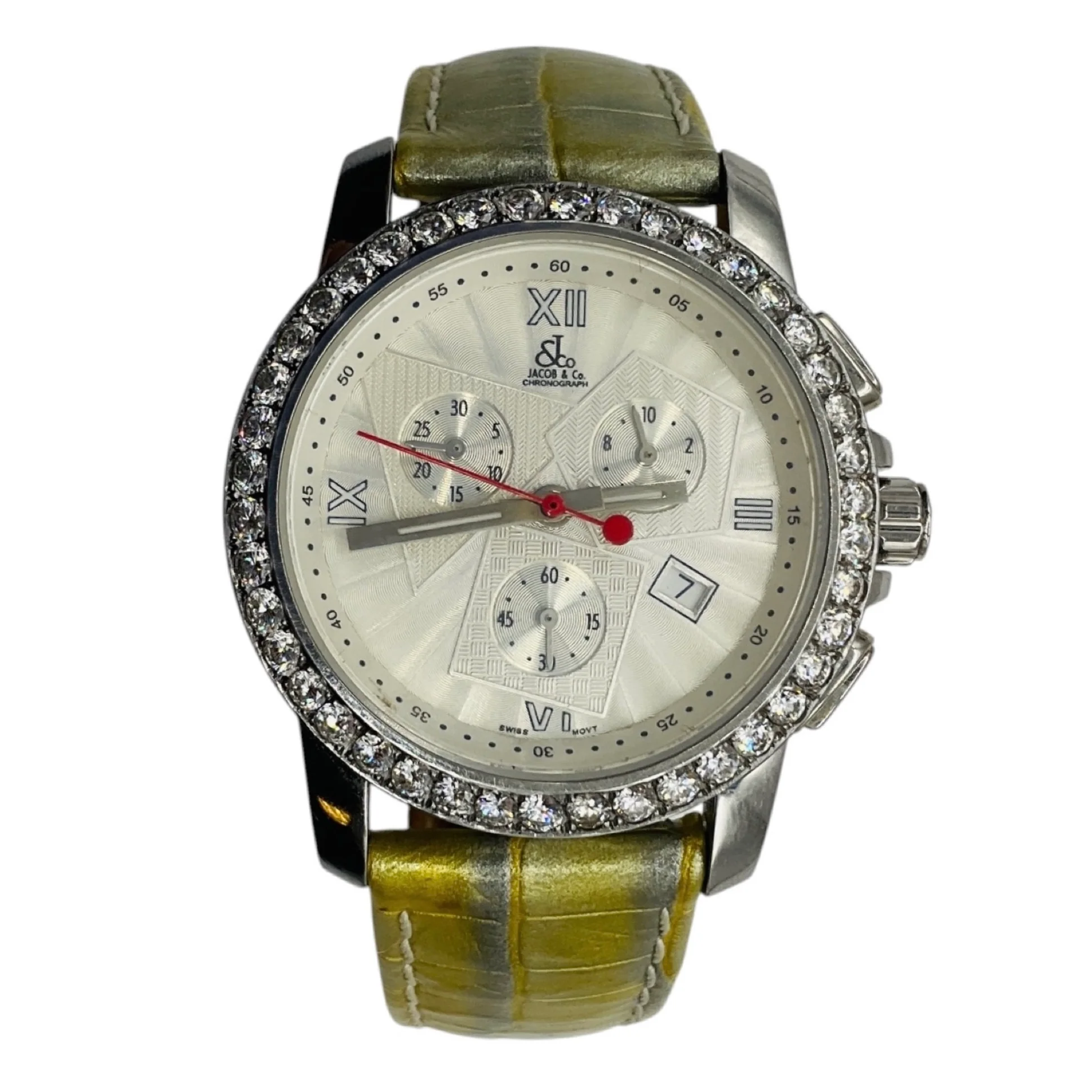 Jacob & Co Diamond Embellished Four Time Zone Watch with Silver Stainless Steel Case and Light Metallic Green Embossed Leather Strap