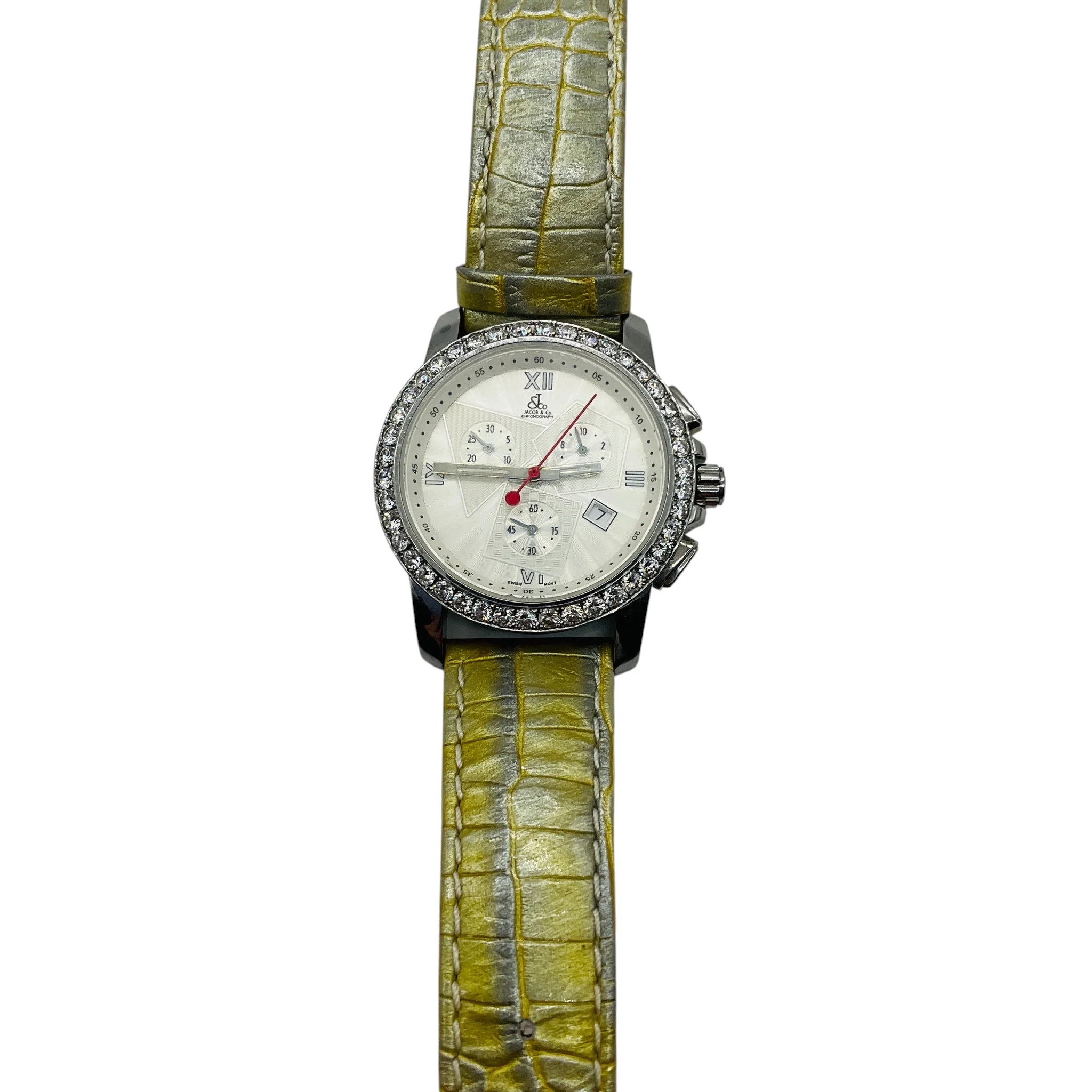 Jacob & Co Diamond Embellished Four Time Zone Watch with Silver Stainless Steel Case and Light Metallic Green Embossed Leather Strap - Image 7