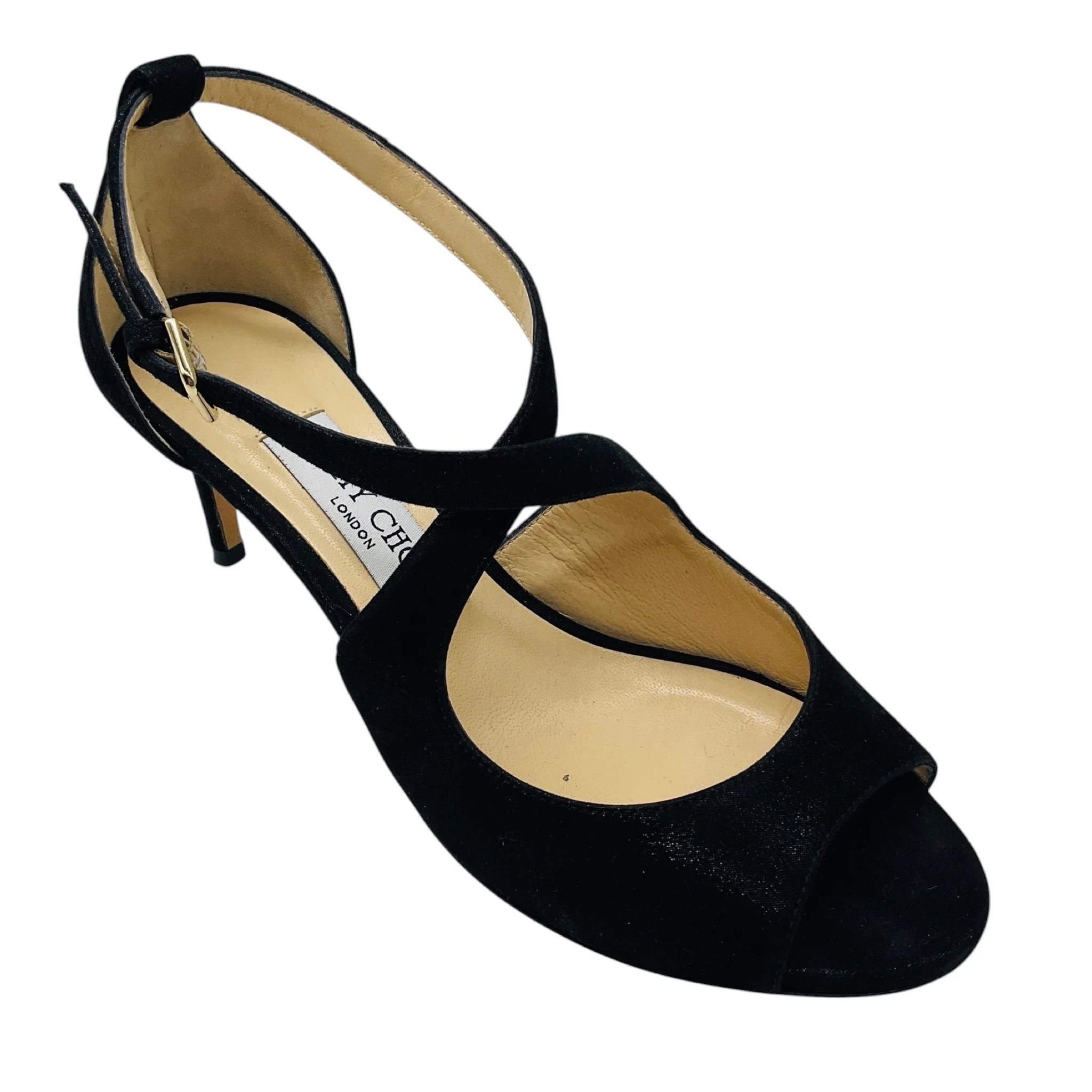 Jimmy Choo Black Metallic Mid Heel Cross Strap Sandals