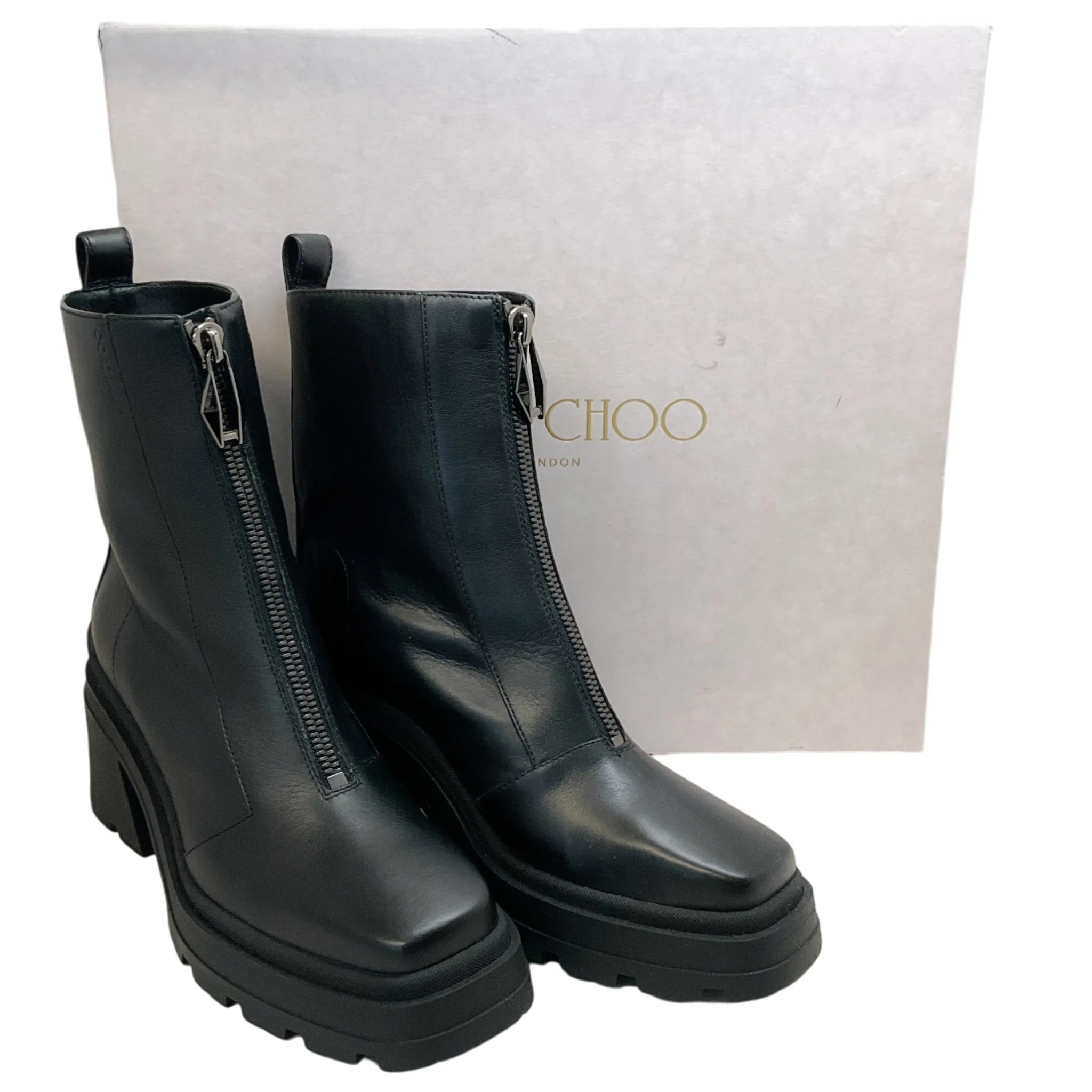 Jimmy Choo Black Smooth Leather Eugenie 80 Zip Front Booties - Image 6
