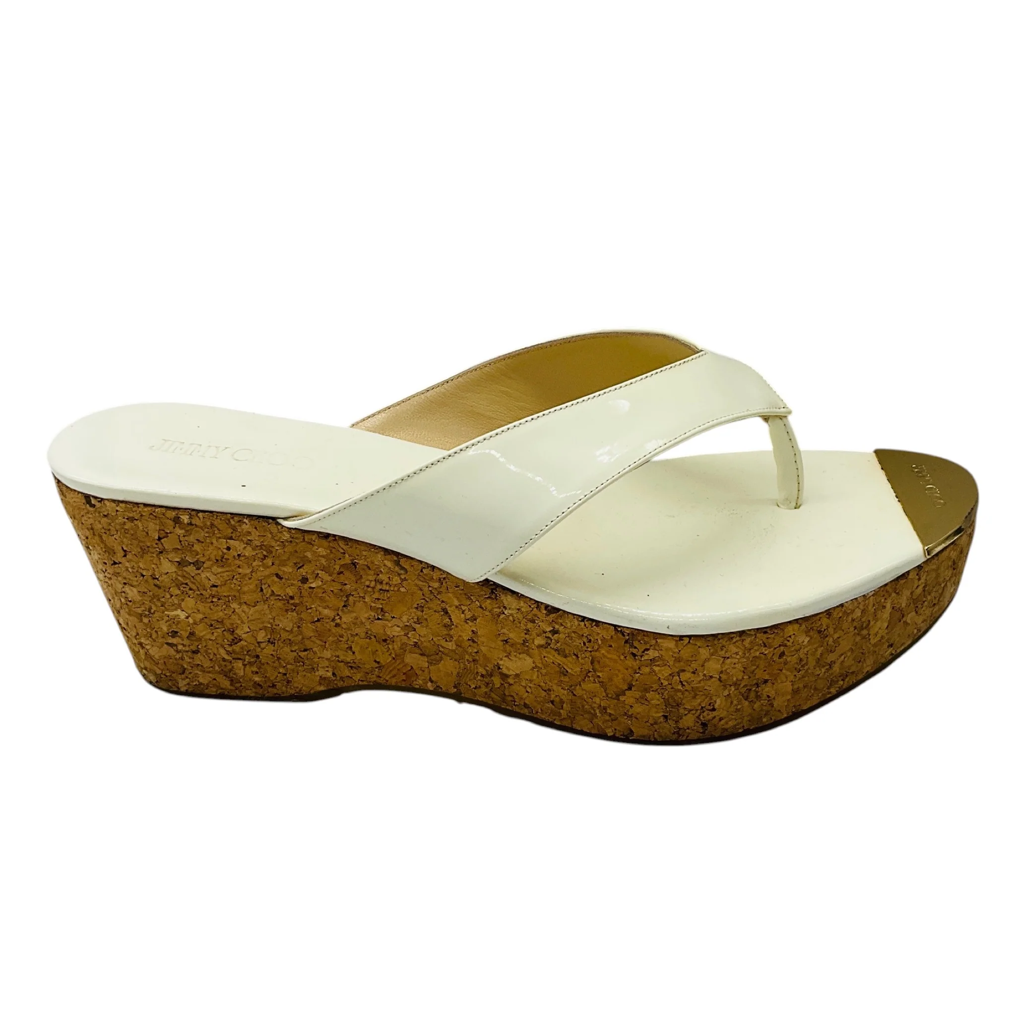Jimmy Choo Ivory Patent Leather Cork Heel Wedge Thong Sandals with Gold Trim - Image 2