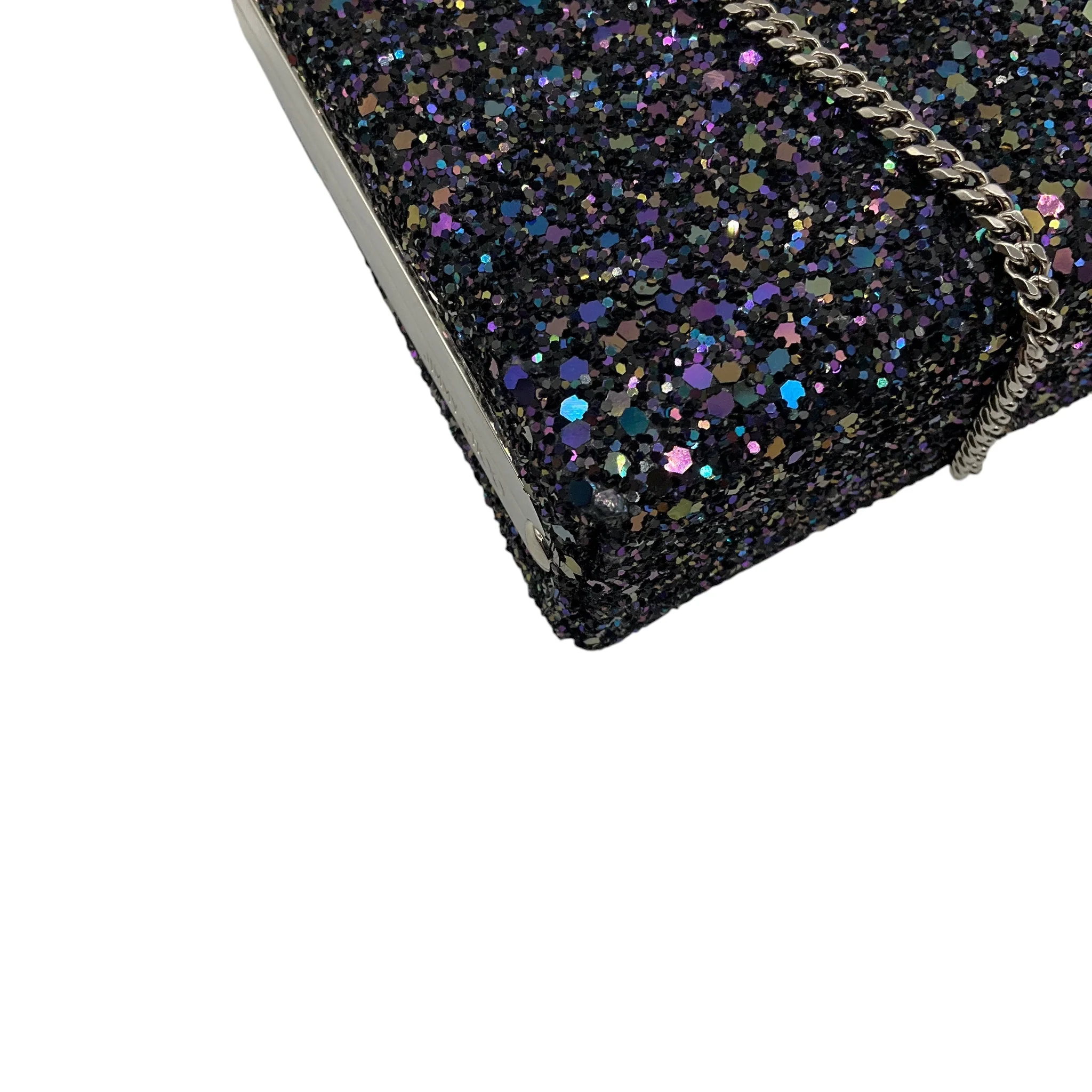 Jimmy Choo Navy Blue Multi Metallic Glitter Clutch with Silver Hardware and Chain Strap - Image 10